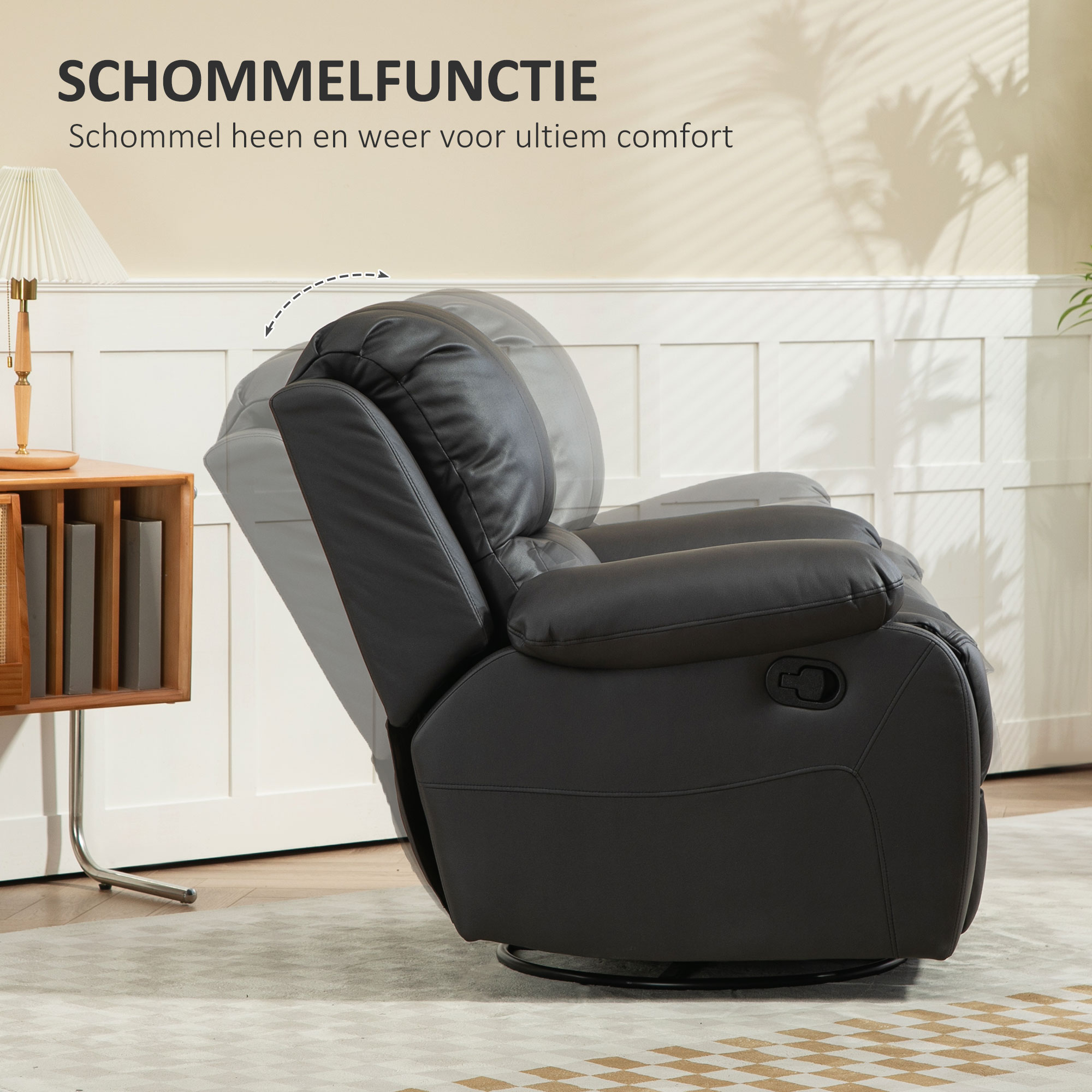 HOMCOM Relaxstoel, Verstelbare Leuning & Voetsteun, Draaibaar, tot 150 kg, Stalen Frame, 93x100x98cm, Zwart