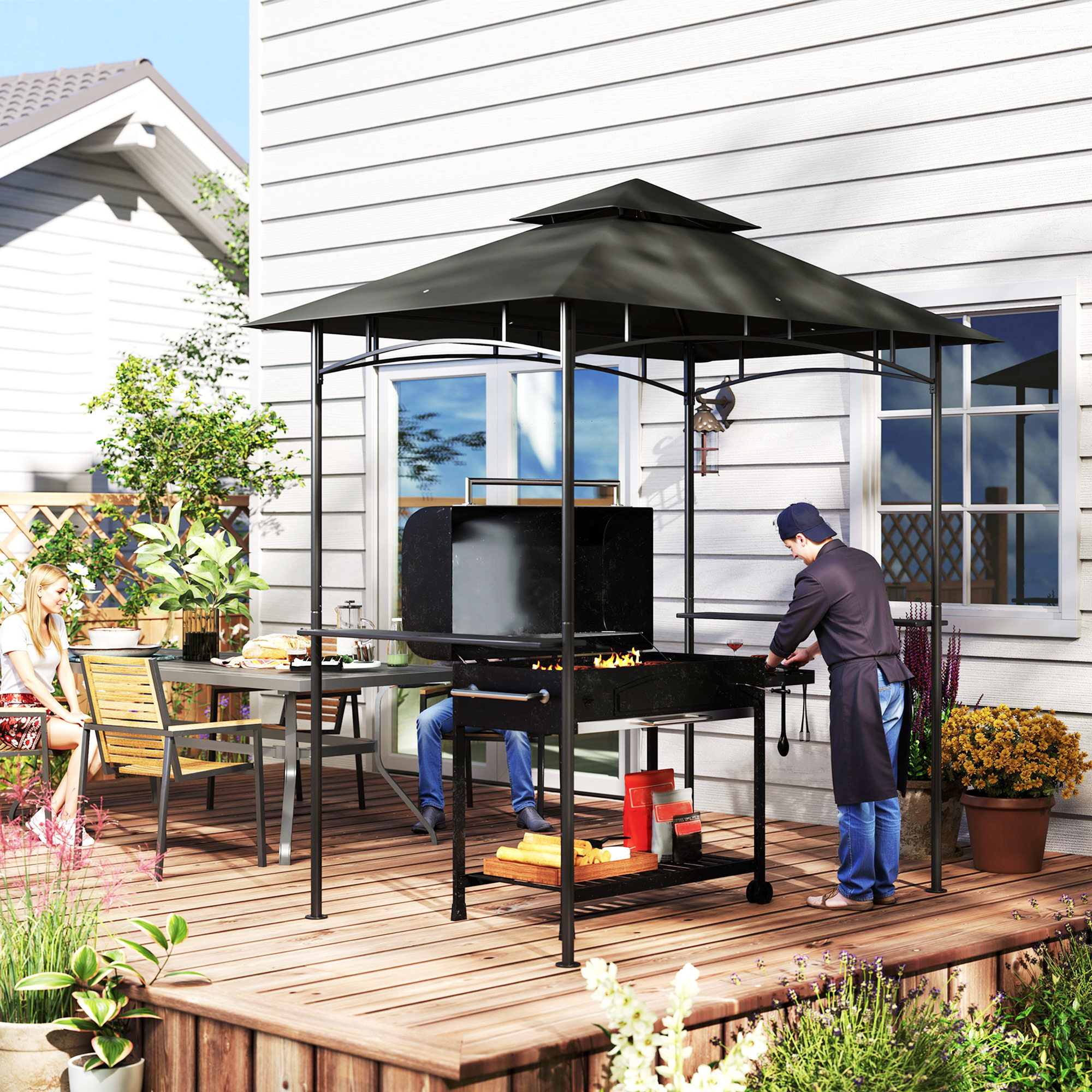 Outsunny Grillpaviljoen met LED-verlichting 240 x 150 x 258 cm Waterafstotend en Vlamvertragend Tuinpaviljoen met Dubbellaagsdak