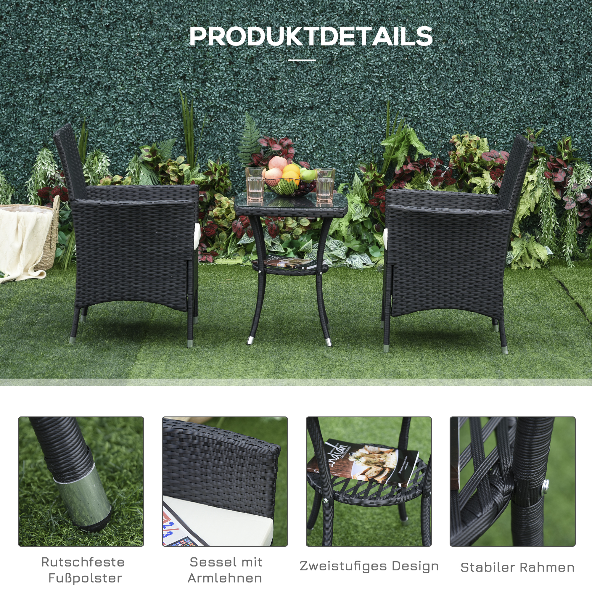 Outsunny 3-delige zitgroep voor in de tuin, rotan tuinset, poly-rotan, zwart