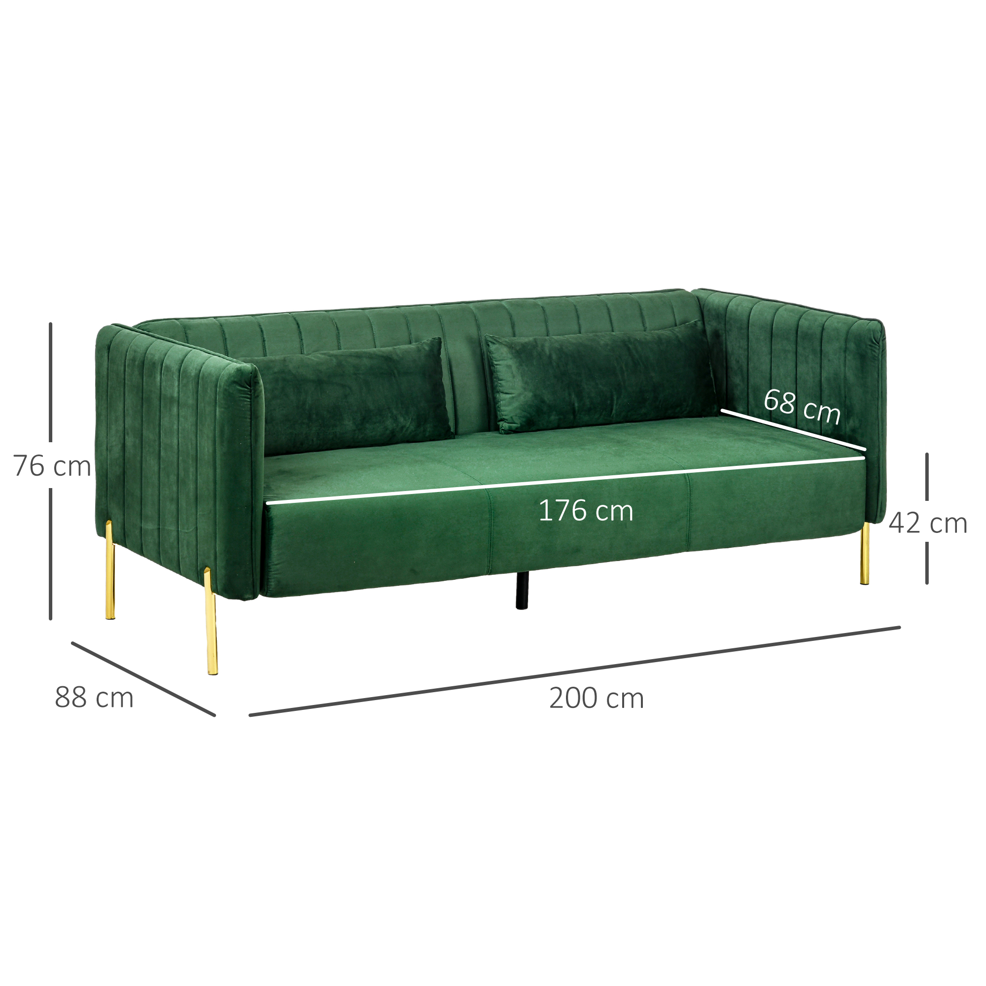 HOMCOM 3-zitsbank, inclusief 2 kussens, fluwelen look, retro design, afneembare hoes, 195 cm x 88 cm x 76 cm groen