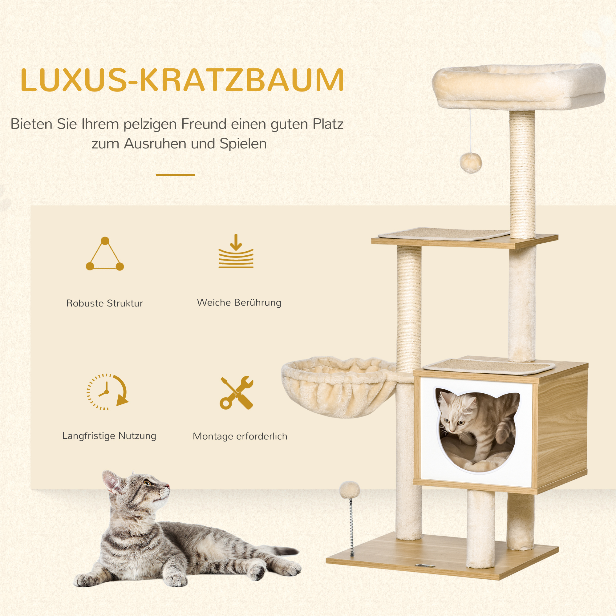 PawHut kattenkrabpaal kattenspeelgoed klimboom spaanplaat sisal kort pluche beige 48 x 40 x 126 cm