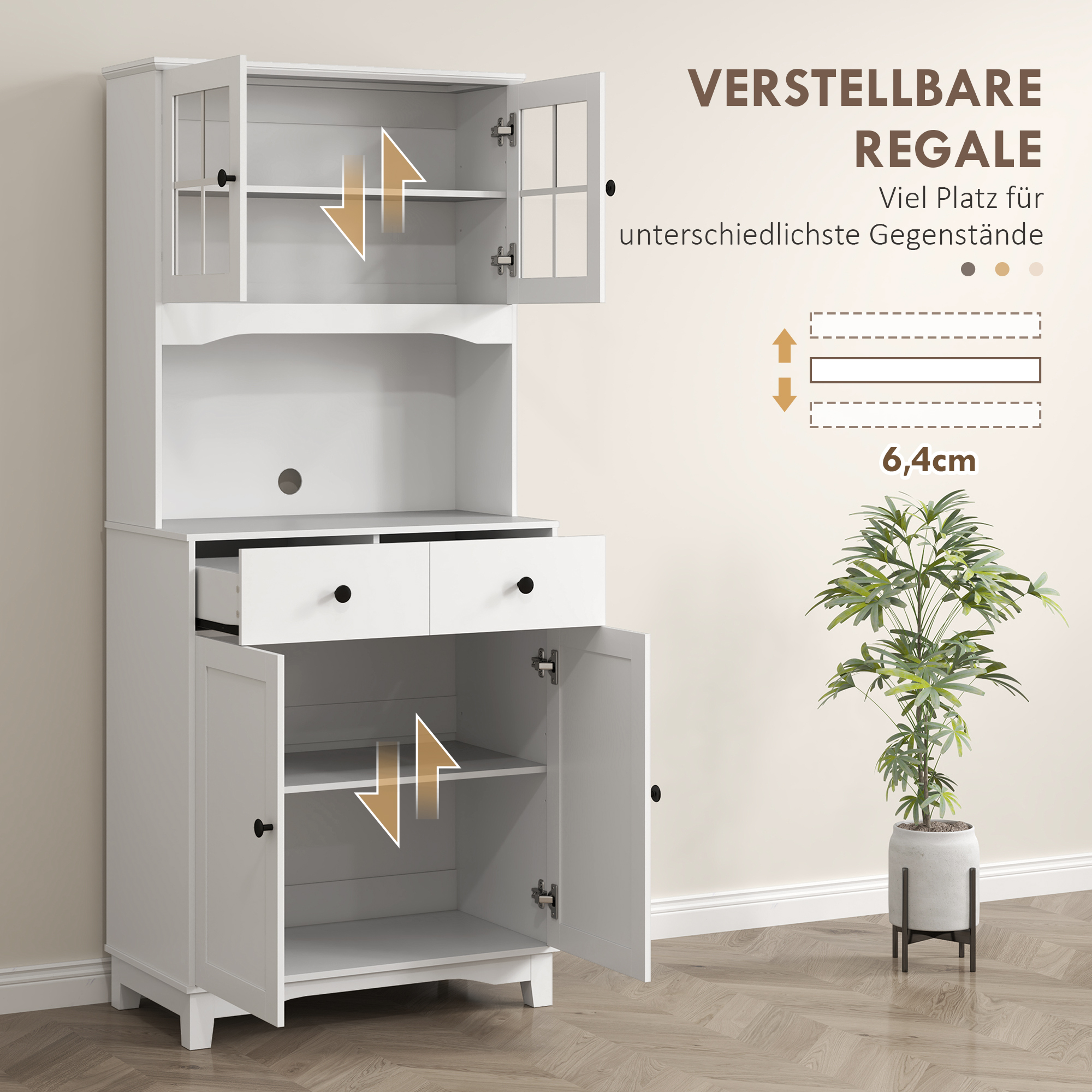 HOMCOM Keukenkast met Glazen Deuren, 2 Laden, Servieskast, Eetkamerschrank, Hout, 68 x 39,5 x 170 cm, Wit
