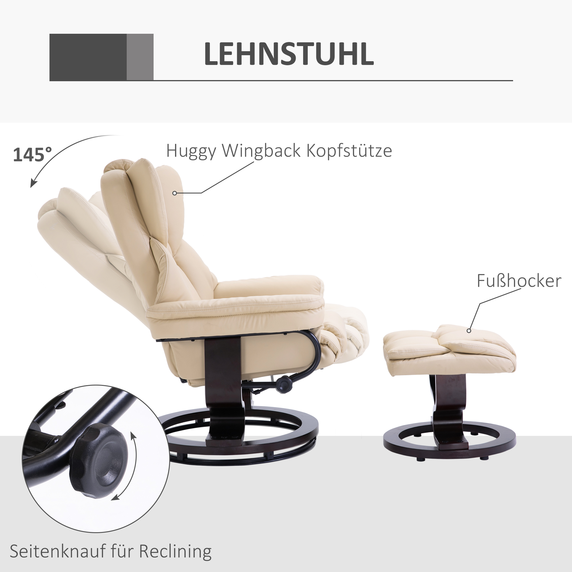 HOMCOM Fauteuil met kruk, ligfunctie, draaibaar, tot 160 kg, kunstleer, metalen frame, crème, 80 x 79 x 100 cm