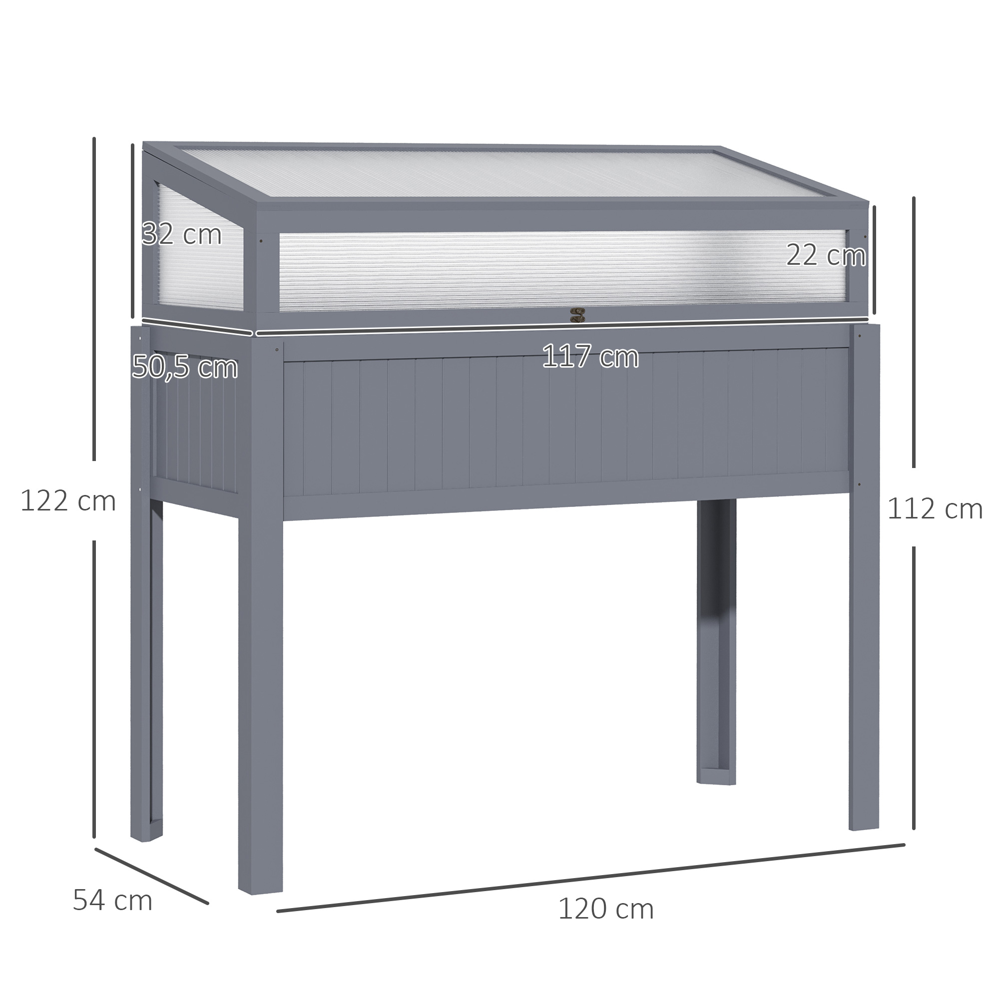 Outsunny Verhoogd Bed Hout met Koud Frame 2-in-1 Kas Tomatenhuis Groentebed Kruidenbed Plantenbak voor Tuin Balkon en Terras Polycarbonaat Grijs 120 x 54 x 112/122 cm