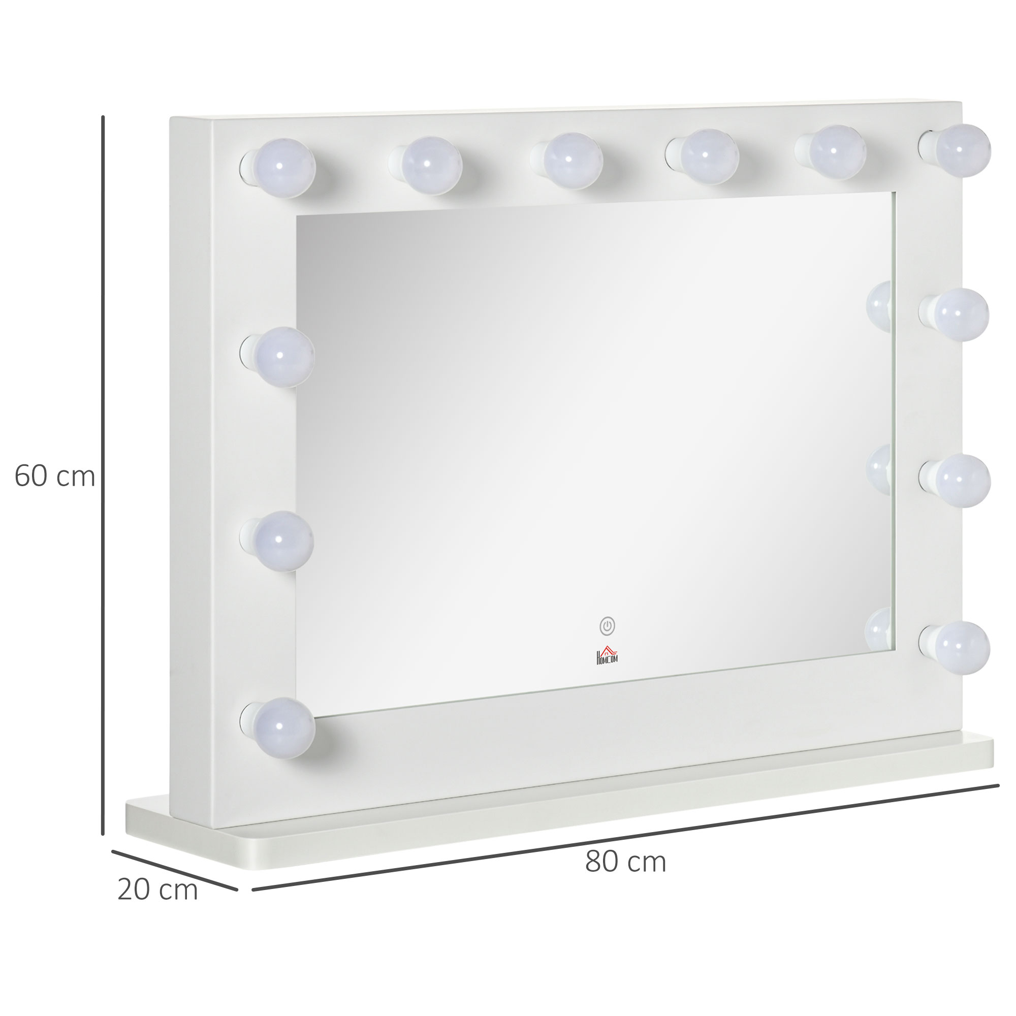 HOMCOM Hollywoodspiegel met verlichting, aanraakbediening, geheugenfunctie, 12 dimbare LED-lampen, wit, 80 x 60 cm