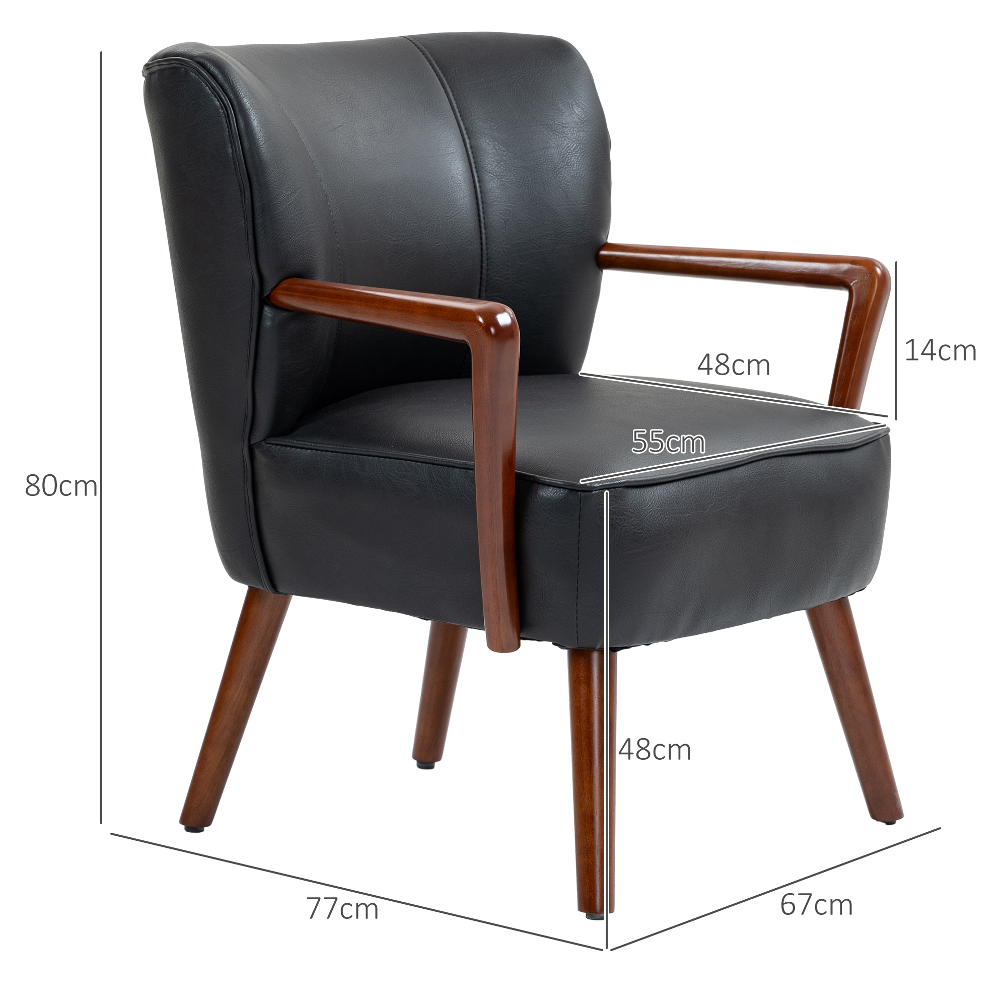 HOMCOM Accentstoel, Brede Zitting, Lederlook, Houten Frame, tot 120 kg, 67x77x80 cm, Zwart