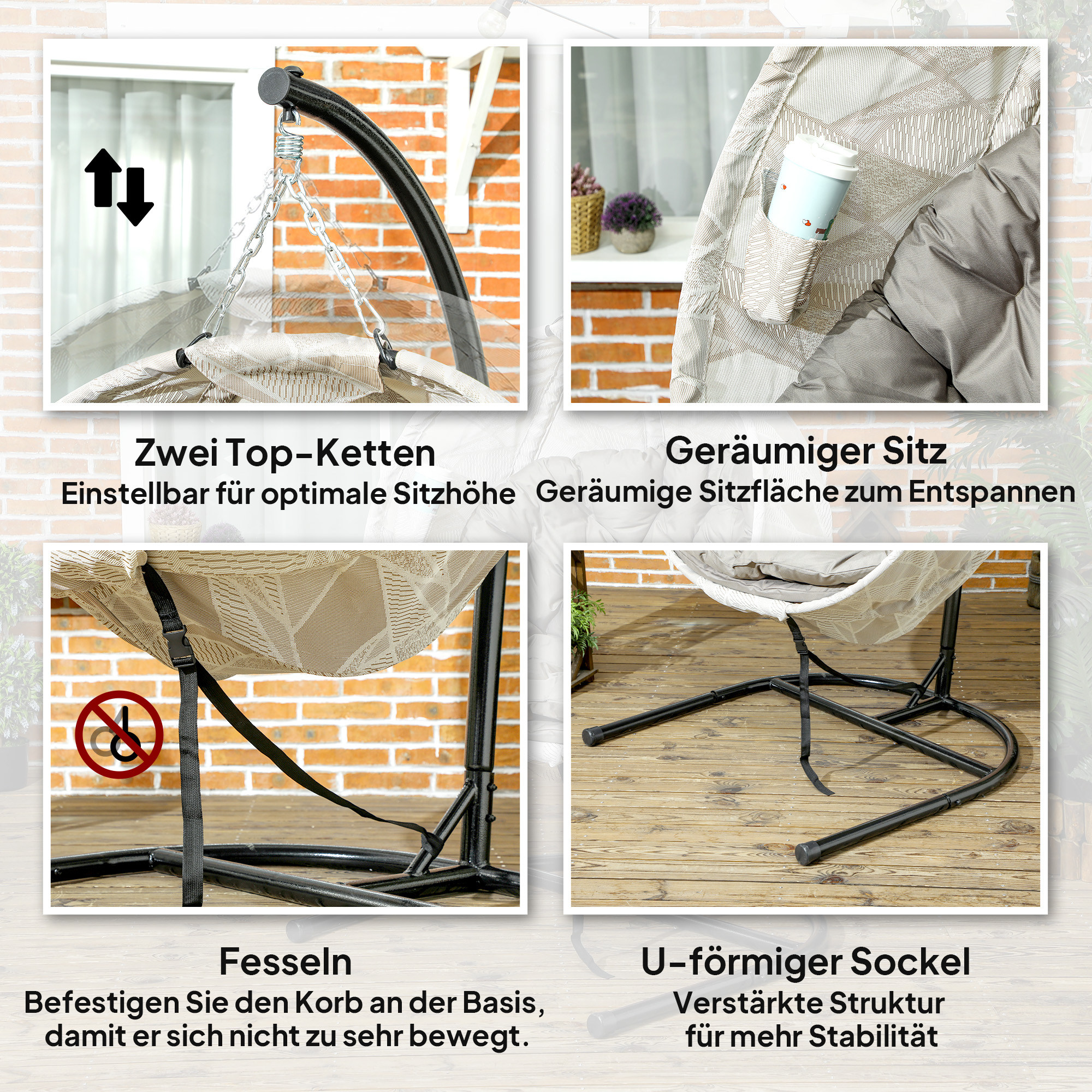 Outsunny Eivormige hangmand, hangstoel met schommelfunctie en opvouwbare mand, tuinstoel, bekerhouder, Zandbruin