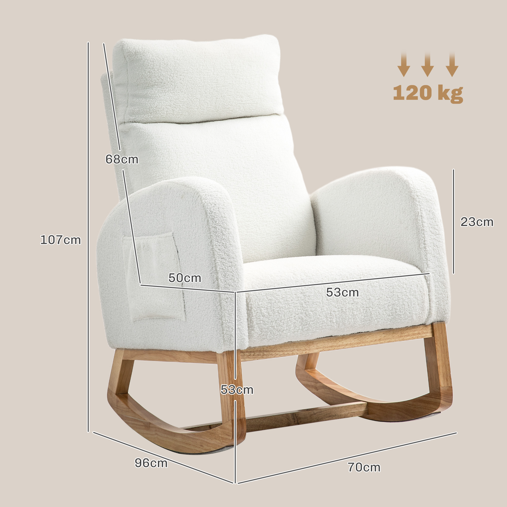 HOMCOM Schommelstoel, Relaxstoel, Dikke Vulling, Knusse Bekleding, Houten Frame, tot 120 kg Draagvermogen, Crèmewit