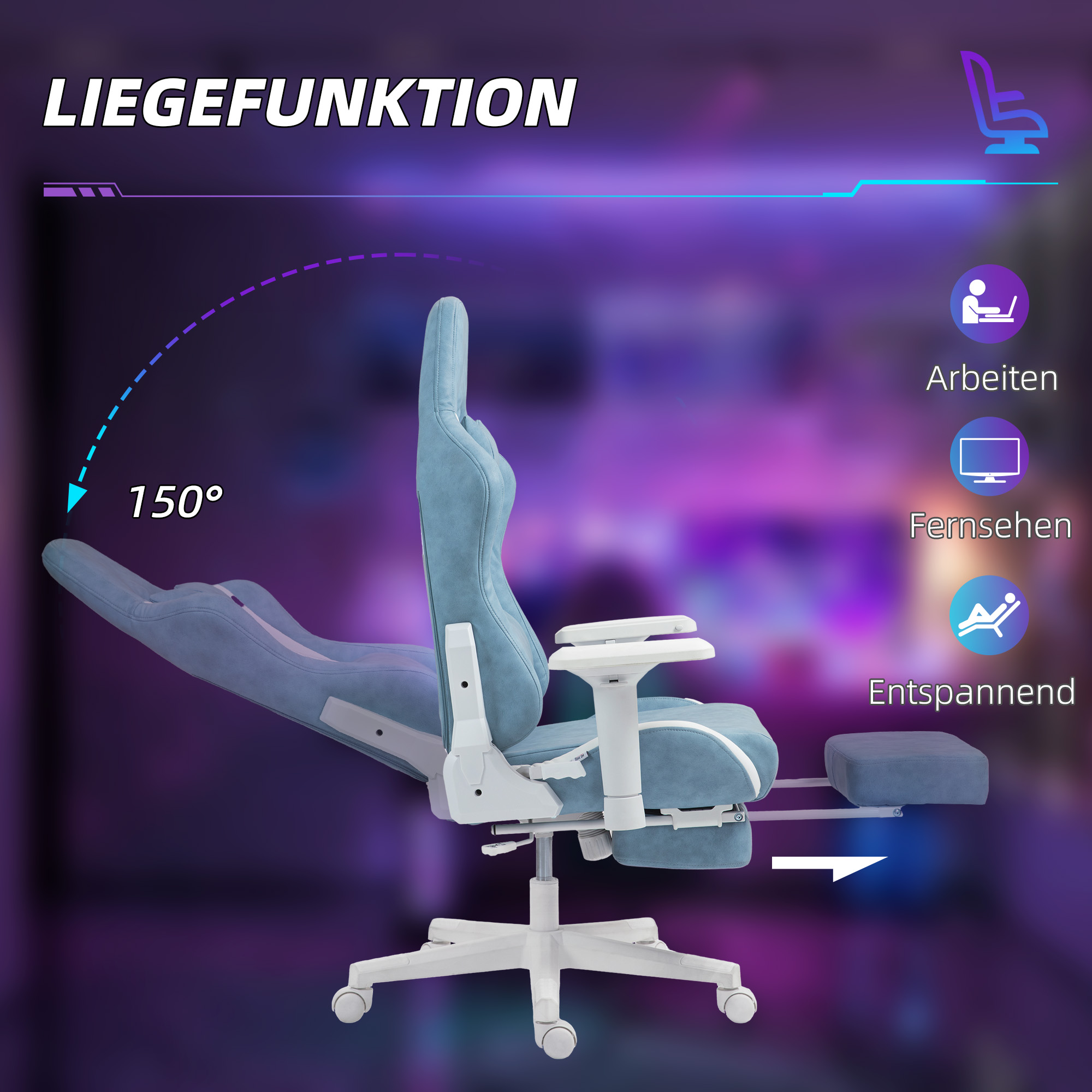 HOMCOM Gamingstoel, Verstelbare Armleuningen & Rugleuning, Kunstleren Bekleding, Tot 120 kg, Blauw