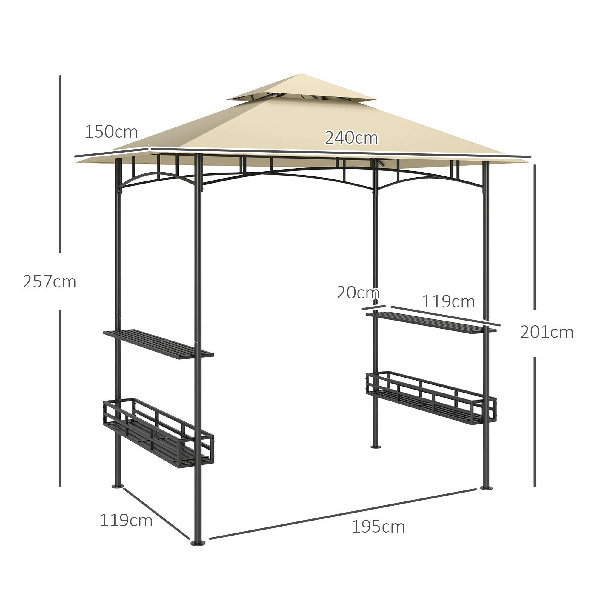 Outsunny BBQ-Tent, Grill-Tent, Tuinpaviljoen met 2 Planken, Opbergmanden, Haken, voor Terras, Beige