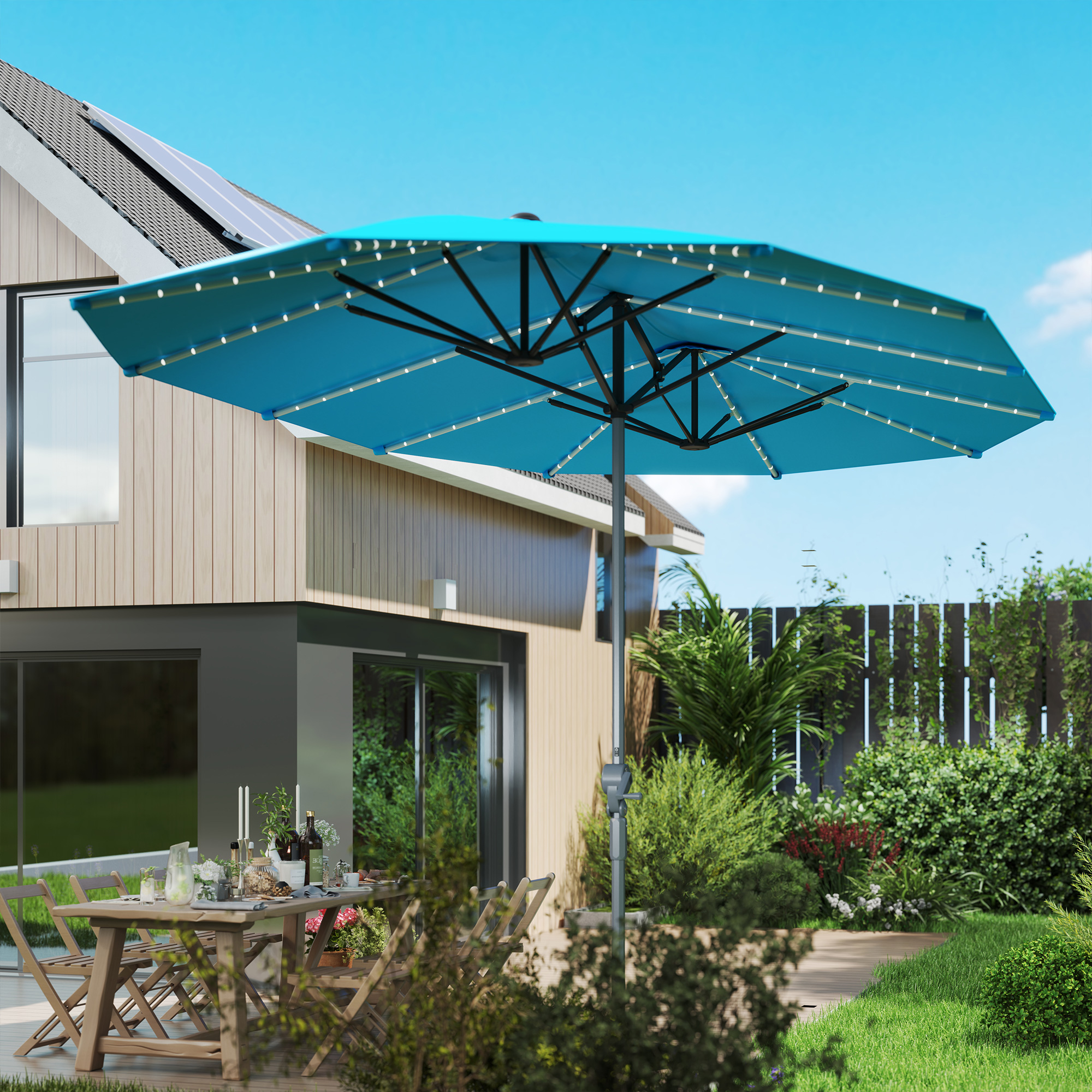 Outsunny Dubbele Parasol met Zonne-energie Verlichting, Aluminium, Polyester, UPF50+ Bescherming, UV-bestendig, Terrasparasol, Blauw