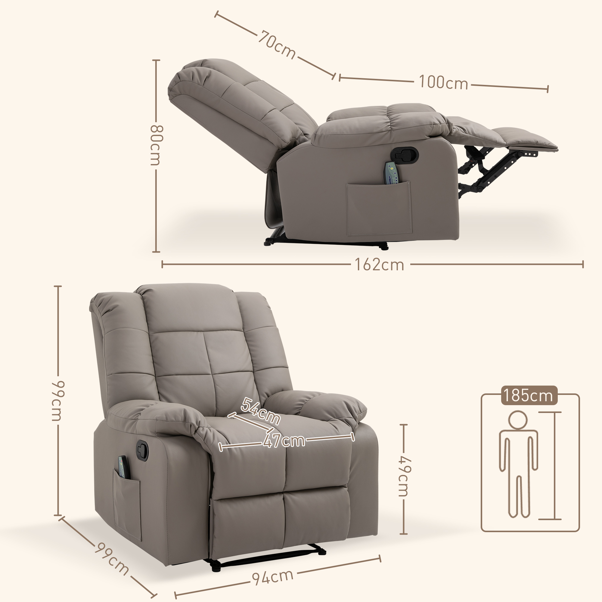 HOMCOM massagebank, tv-stoel, relaxstoel met massagefunctie, PU-leer + hout + metaal + schuimstof, 90 x 97 x 99 cm massagebank tv-stoel ligfunctie | Aosom.nl