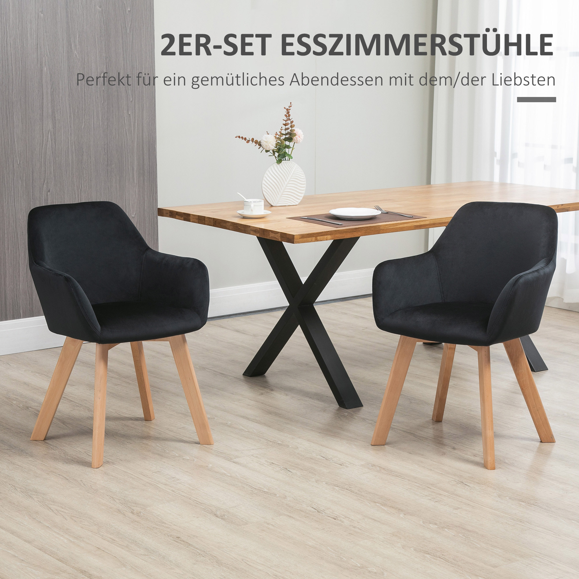 HOMCOM Eetkamerstoelen, 2-delig, modern ontwerp, velourslook, rubberhout, 54x57x80 cm, Zwart