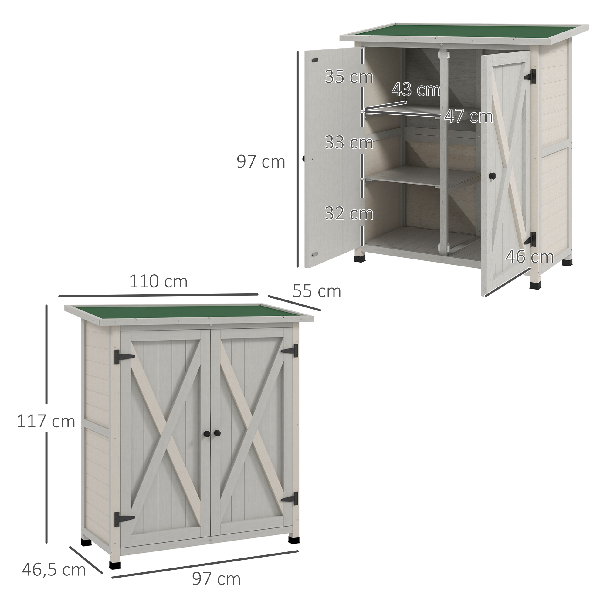 Outsunny Houten Opbergkast met 2 Deuren, Tuinschuur met Asfaltdak, 110 x 55 x 117 cm, Lichtgrijs