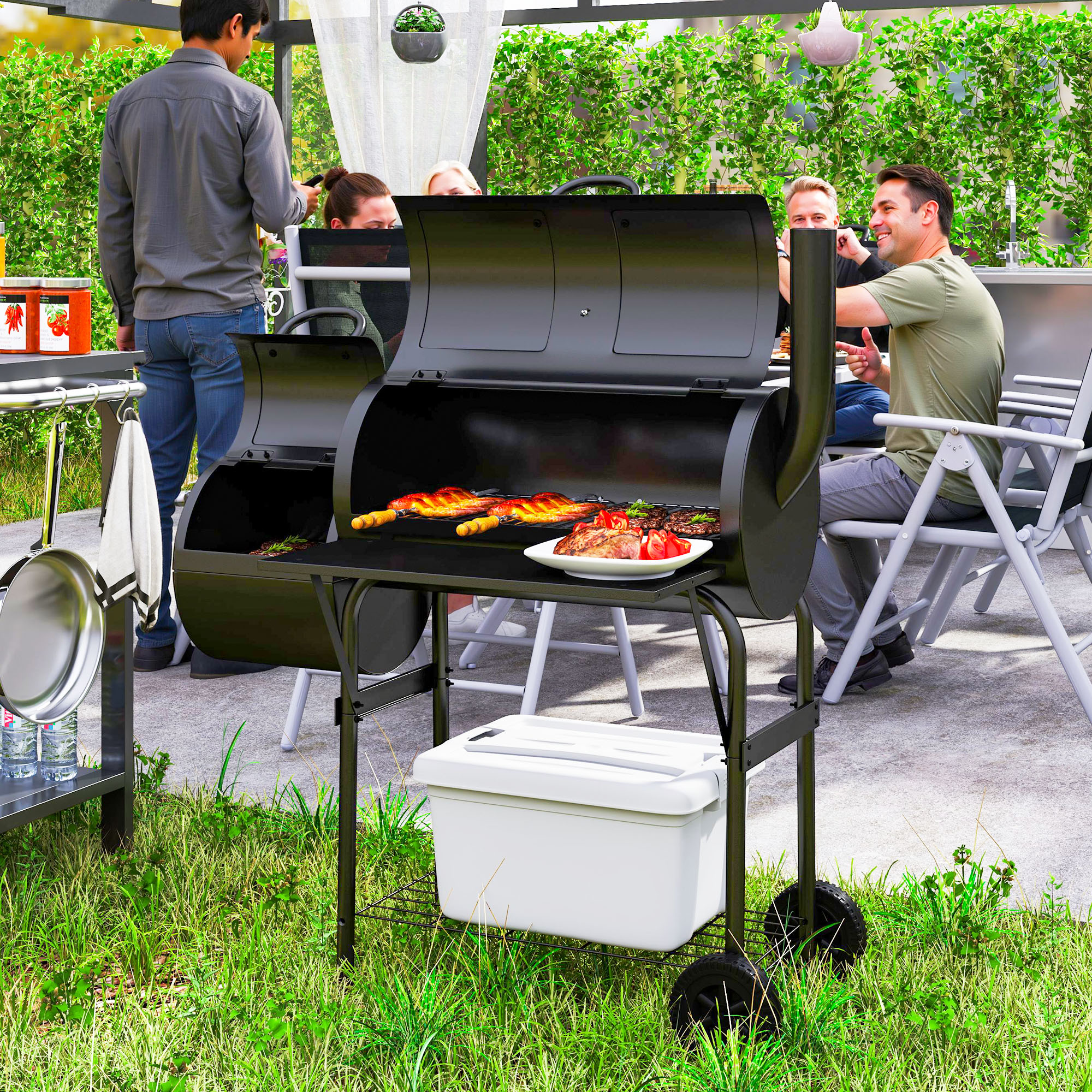 Outsunny Stalen Houtskoolgrill BBQ Smoker met Deksel, Thermometer, Wielen, Luchttoevoer, Kolenbak