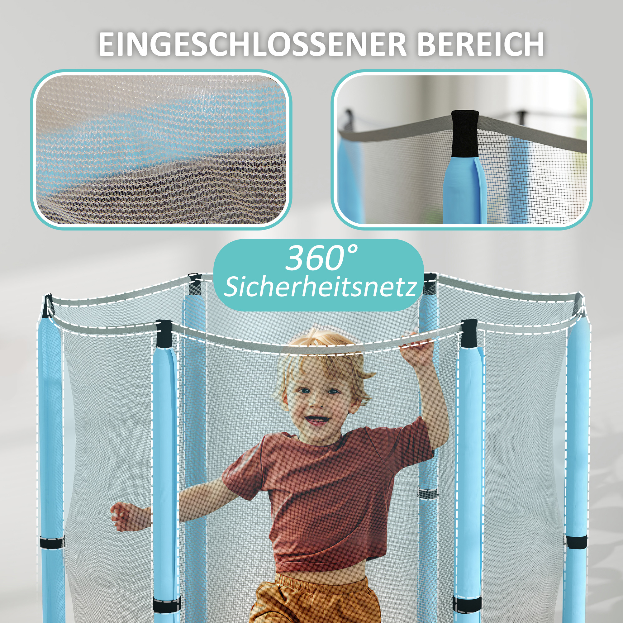 AIYAPLAY Kindertrampoline met Veiligheidsnet, Voor Binnen- en Buitengebruik, 3-6 Jaar, Lichtblauw
