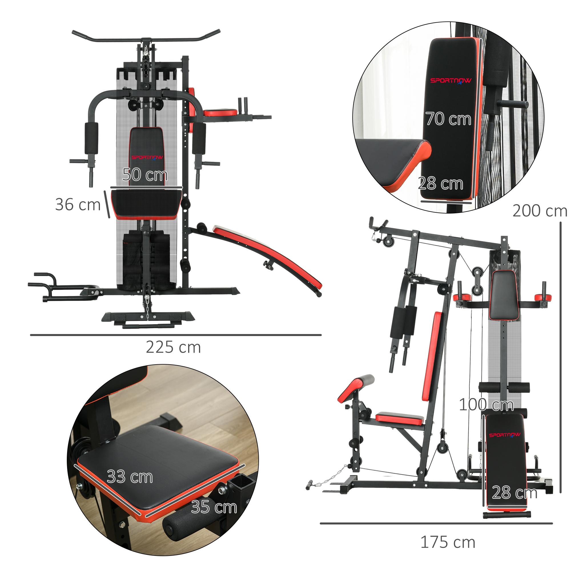 SPORTNOW Multifunctionele Trainingsstation met 65 kg Gewichtsblok, Verstelbaar, Voor Thuis Fitness, Staal, Kunstleer