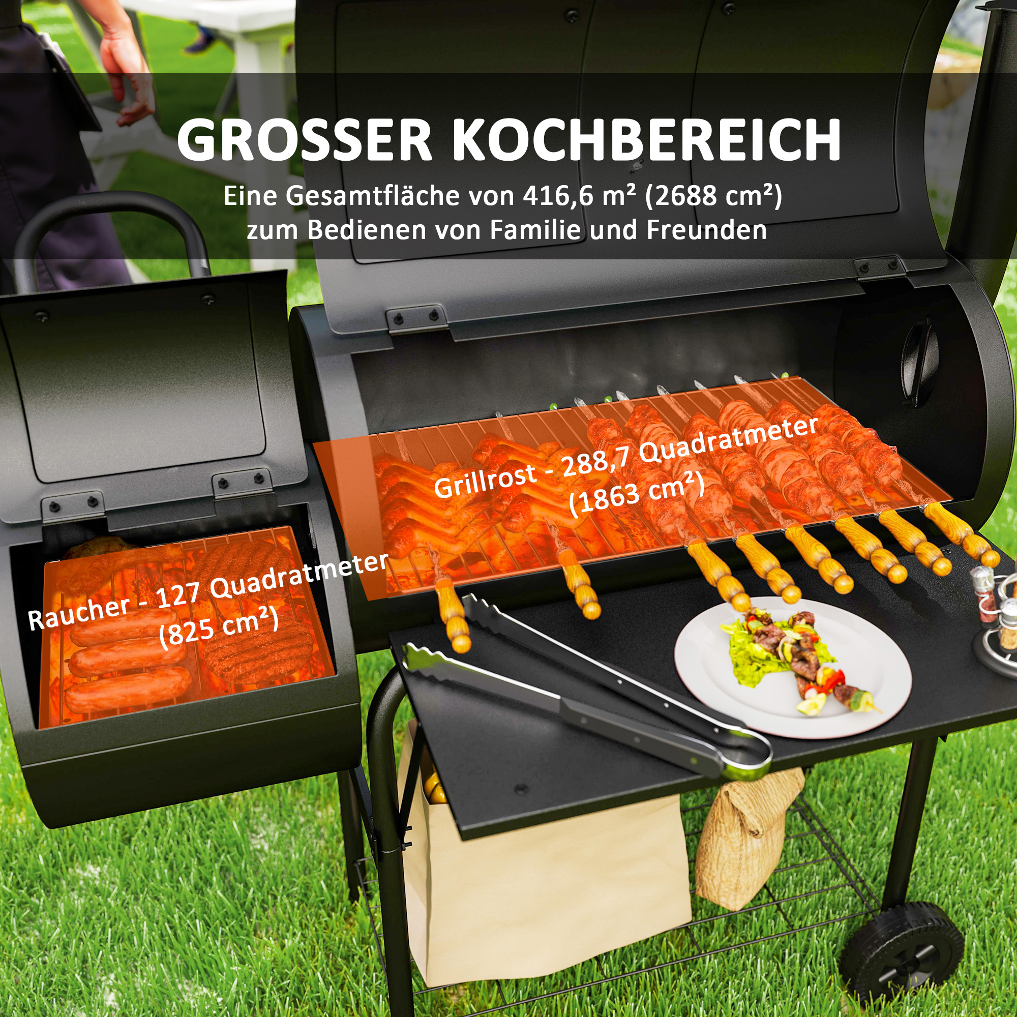 Outsunny Stalen Houtskoolgrill BBQ Smoker met Deksel, Thermometer, Wielen, Luchttoevoer, Kolenbak