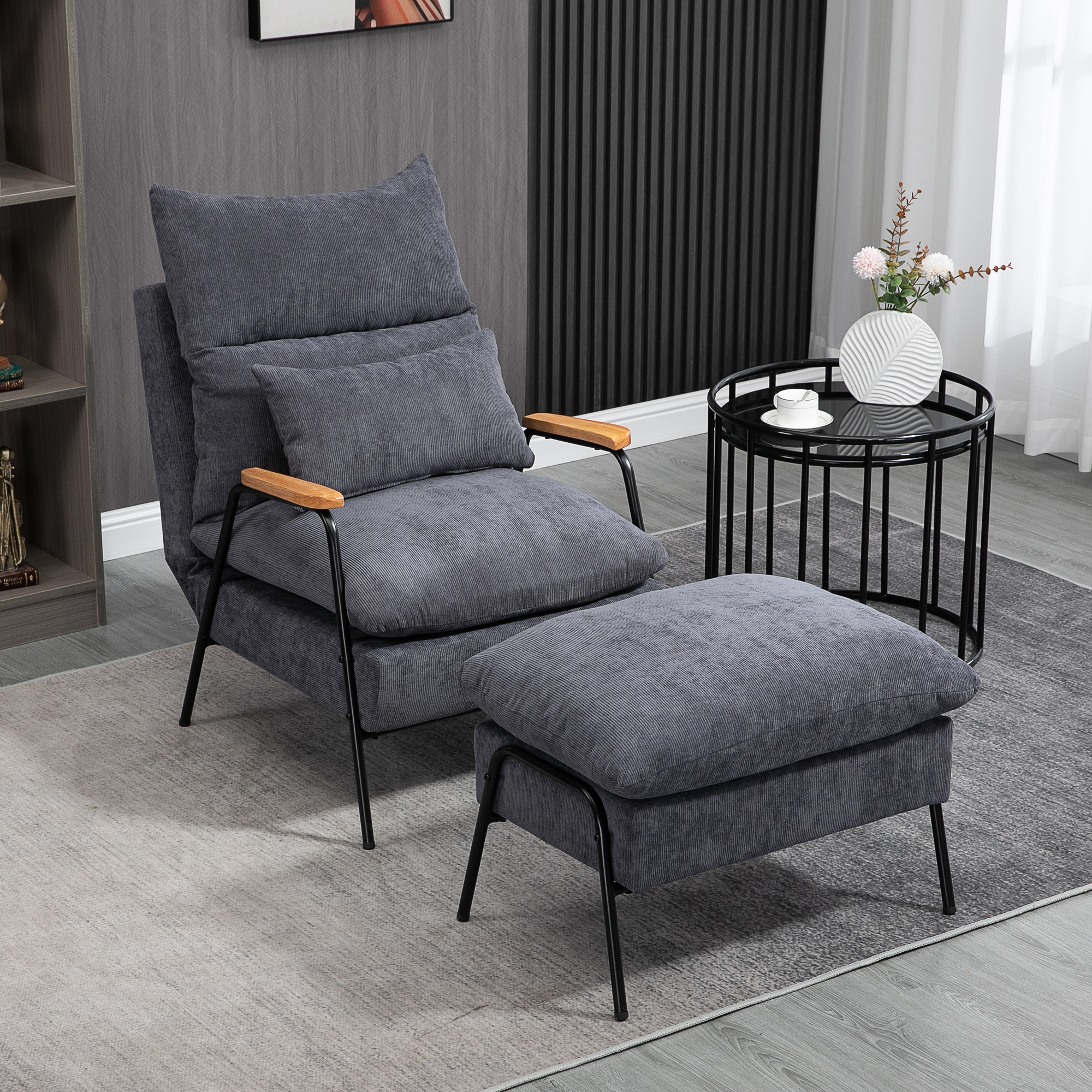 HOMCOM oorfauteuil met kruk, fauteuil met verstelbare rugleuning, grijs