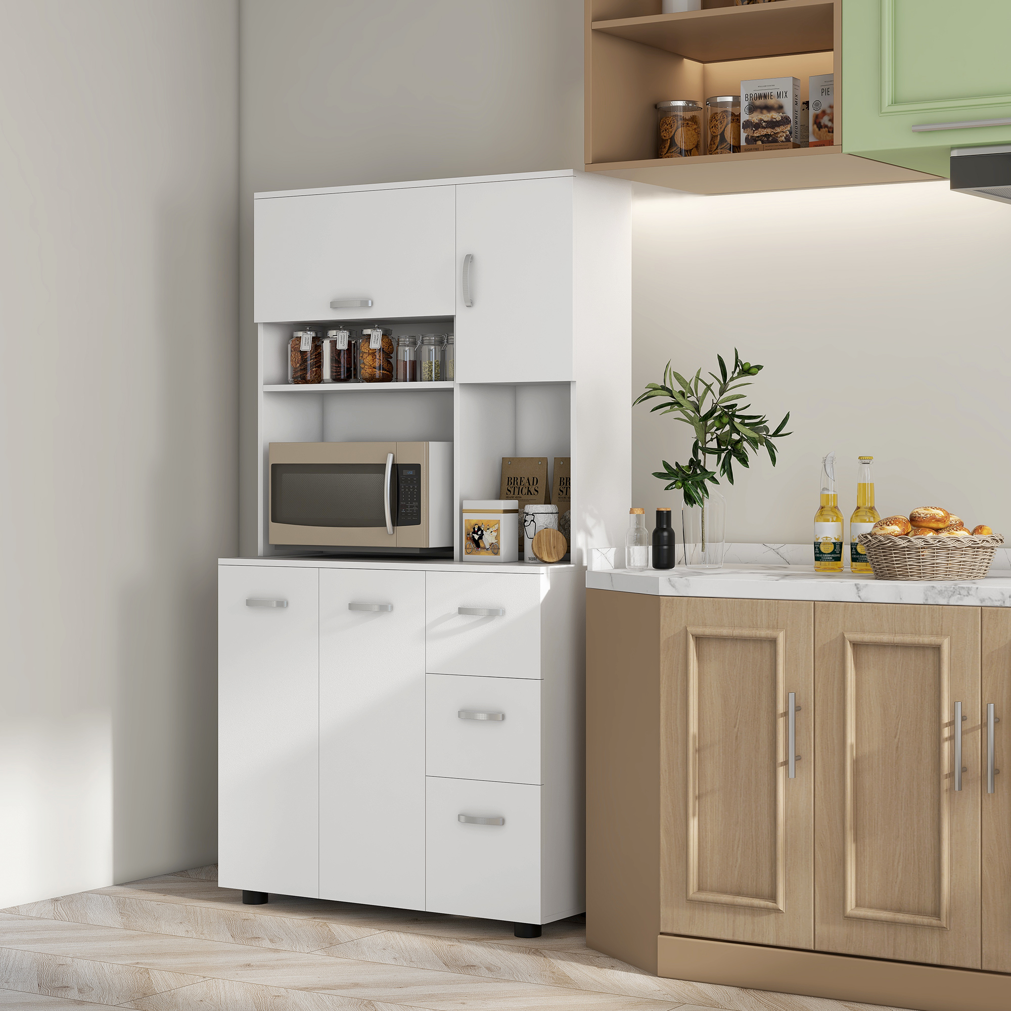 HOMCOM Keukenkast, Buffet, 3 Laden, 3 Planken, Veel Opbergruimte, 89x39,5x168cm, Wit