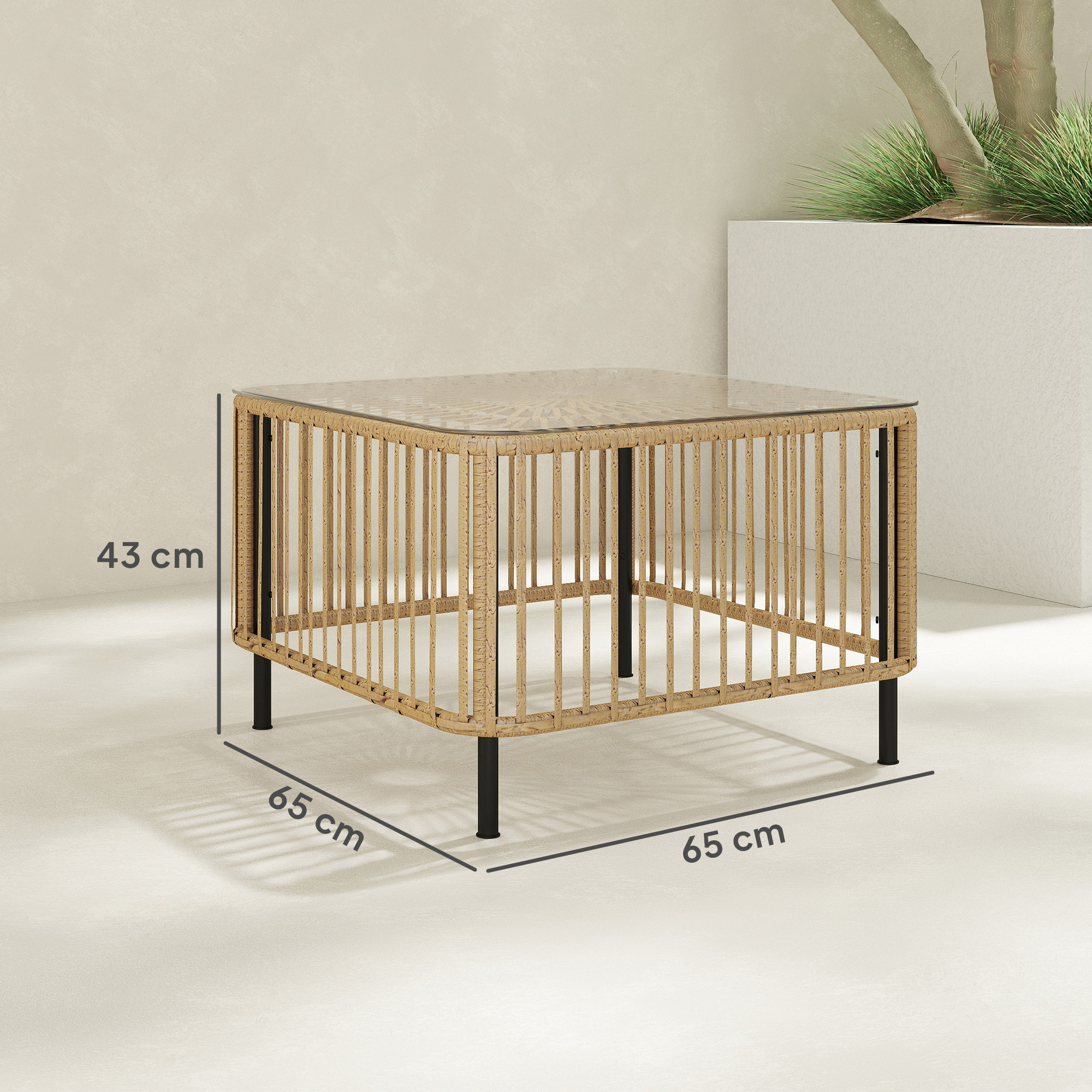 Outsunny Polyrattan Tuintafel, 65 x 65 x 43 cm, Weerbestendige Bijzettafel Vierkant met Glazen Plaat, Natuurlijk Hout