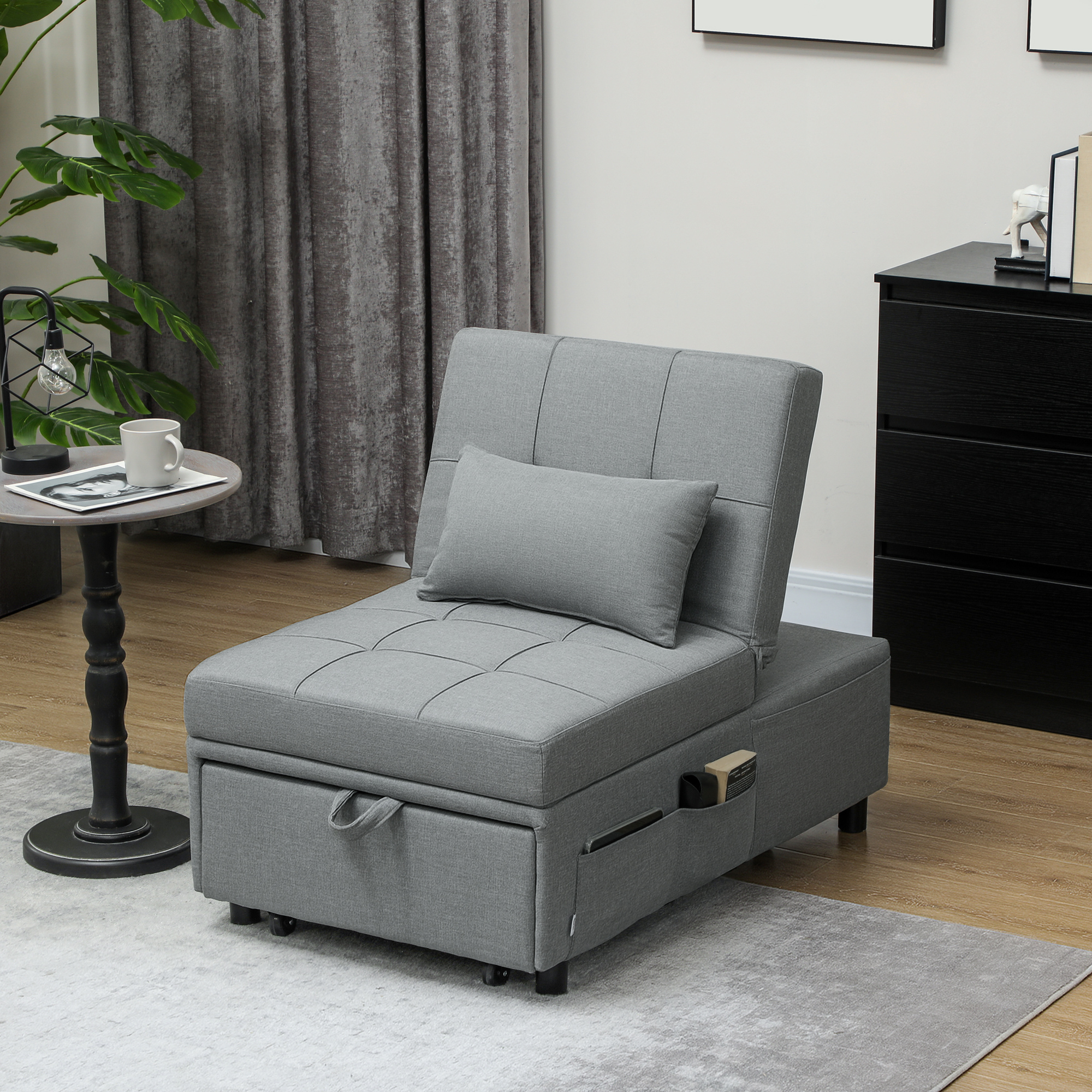 HOMCOM 3-in-1 Opklapbare Fauteuil met Zijvak, Gastenbed met Kussen, Verstelbare Rugleuning, Slaapstoel met Wielen, Lichtgrijs