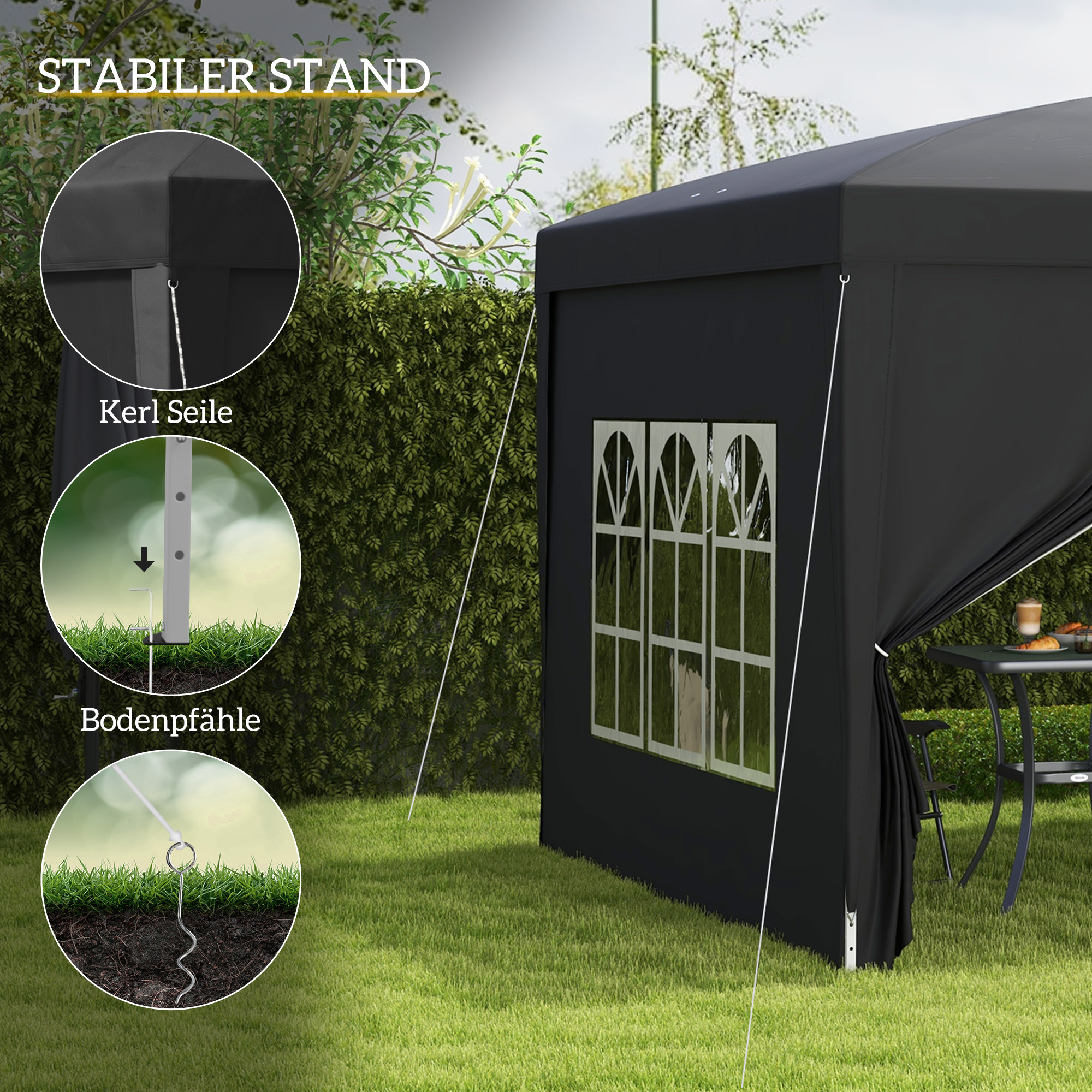 Outsunny 3 x 3 m Paviljoen met 4 Zijwanden, Ramen, Feesttent met UV-Bescherming, Tuinpaviljoen incl. Draagtas, Staal, Zwart