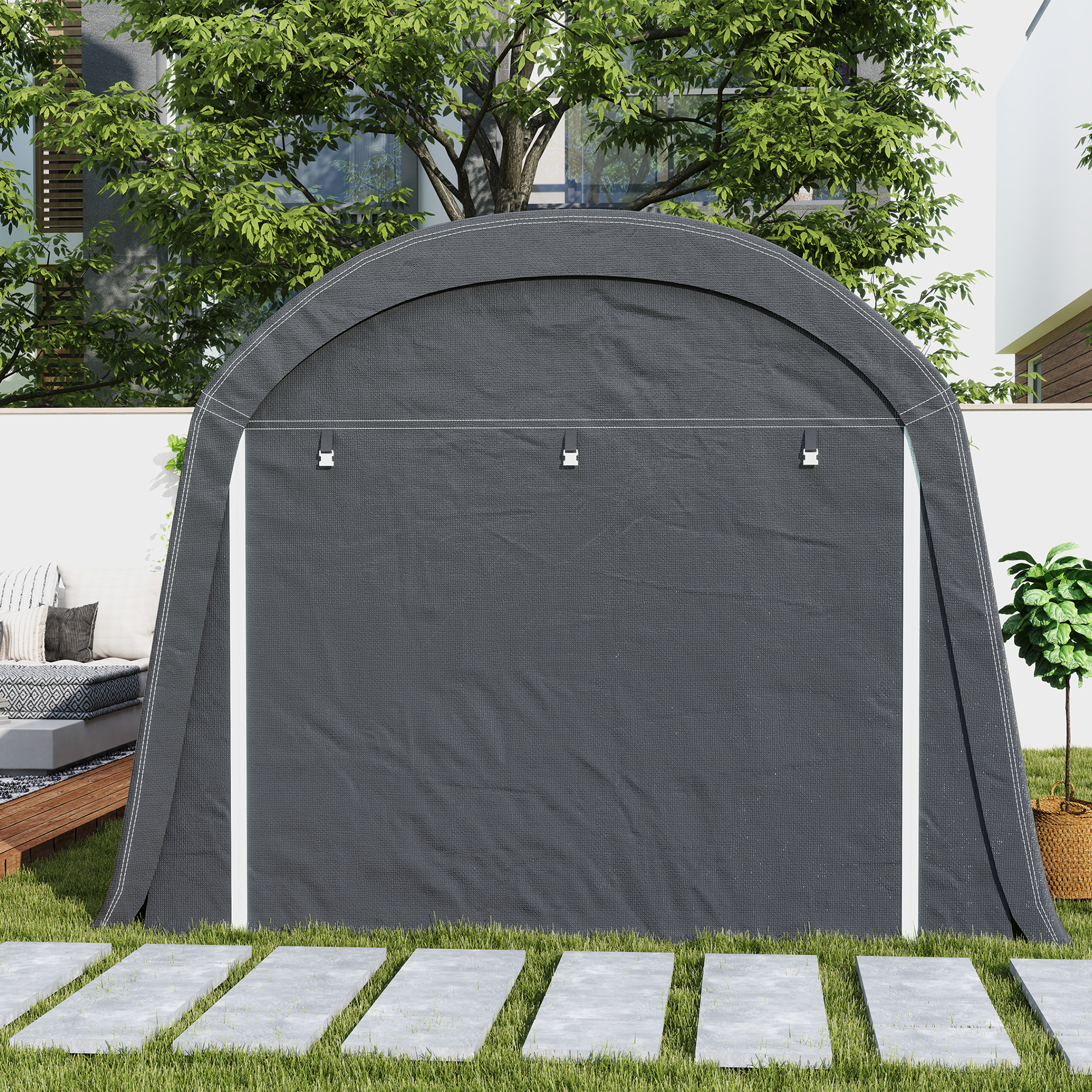Outsunny Tuinschuur met Kunststof Zeil, Gereedschapstent, Opzetbare Garage, 300B x 600D x 230H cm, Donkergrijs