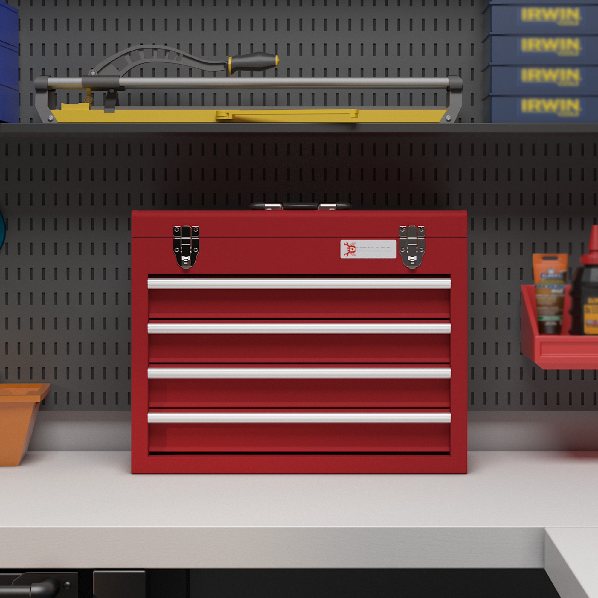 DURHAND Gereedschapskist met 4 lades, bovenvak, stalen sloten, draaggreep, 51x22x39,5 cm, Rood