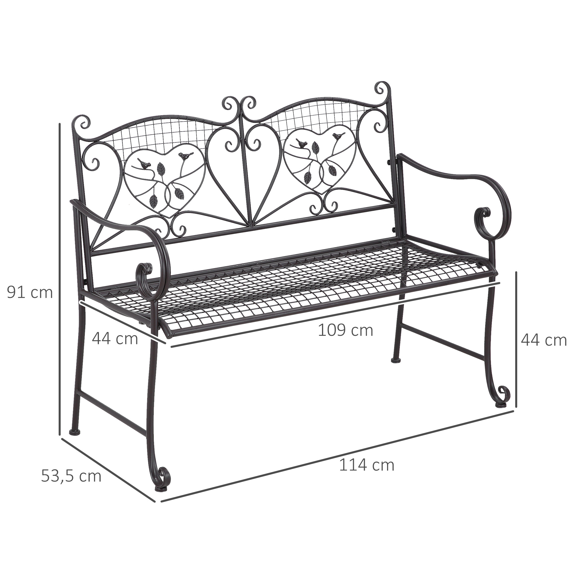 Outsunny tuinbank 2-zits parkbank met rugleuning tot 220 kg tuinmeubelen weerbestendig antiek metaal koffie 114 x 53,3 x 91 cm