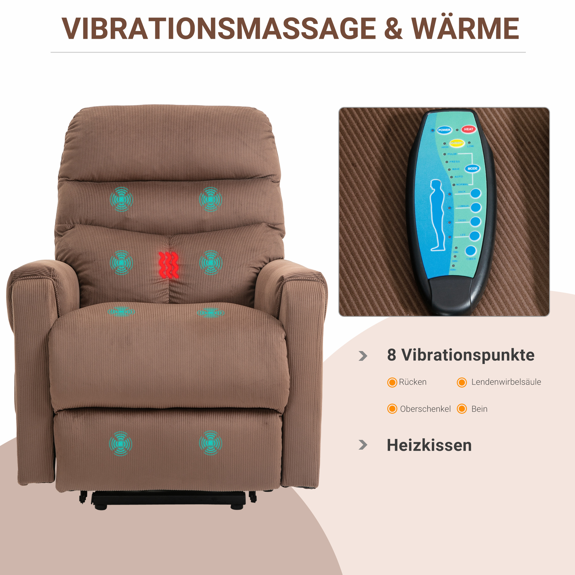 HOMCOM tv-stoel met massagefunctie opstahulp afstandsbediening, verwarming elektrisch ligfunctie polyester stof metaal lichtbruin 79 x 97 x 103 cm