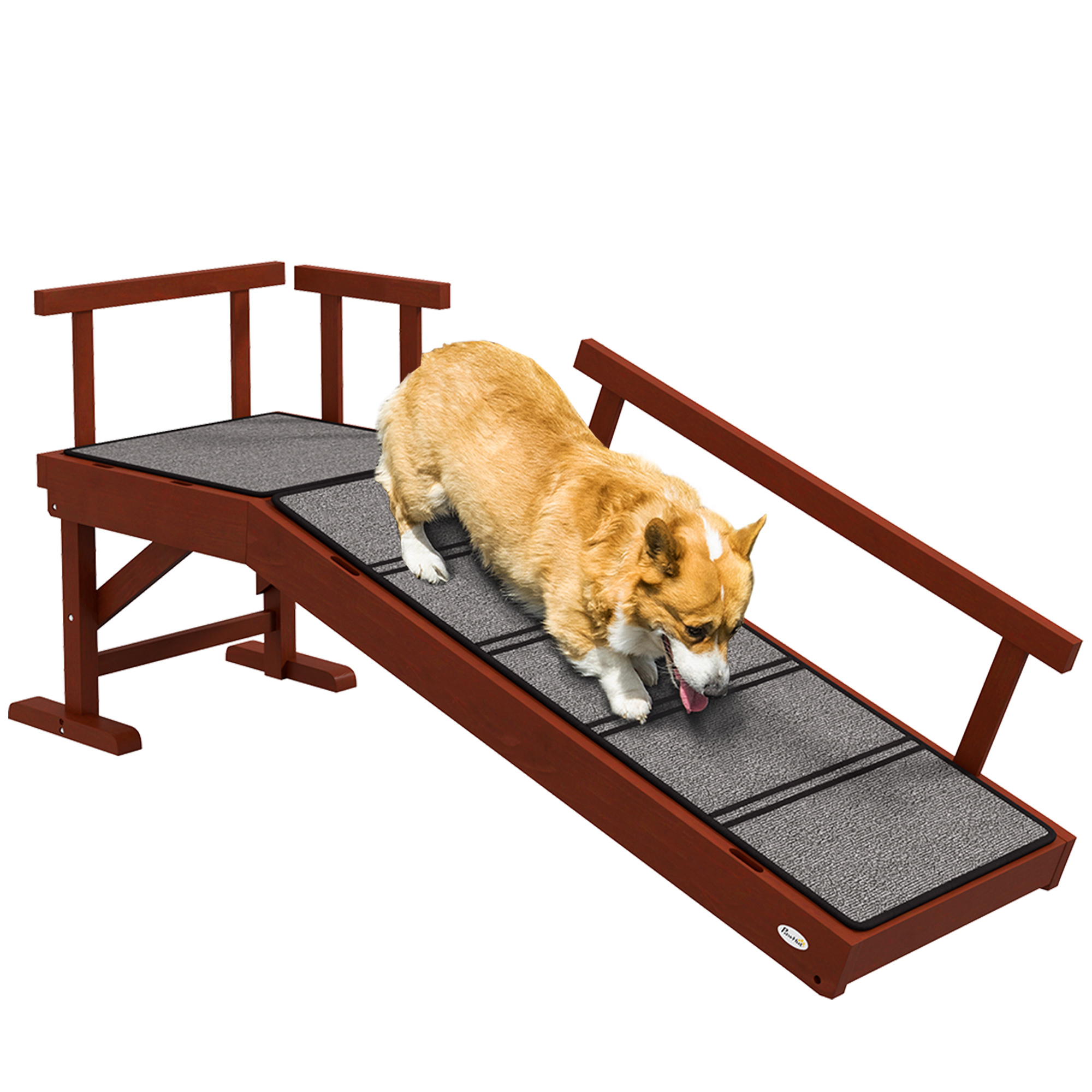 PawHut Huisdierloopplank, Afneembare Leuningen, Antislip, Grenenhout, tot 30 kg, 125x40x56cm, Bruin/Grijs