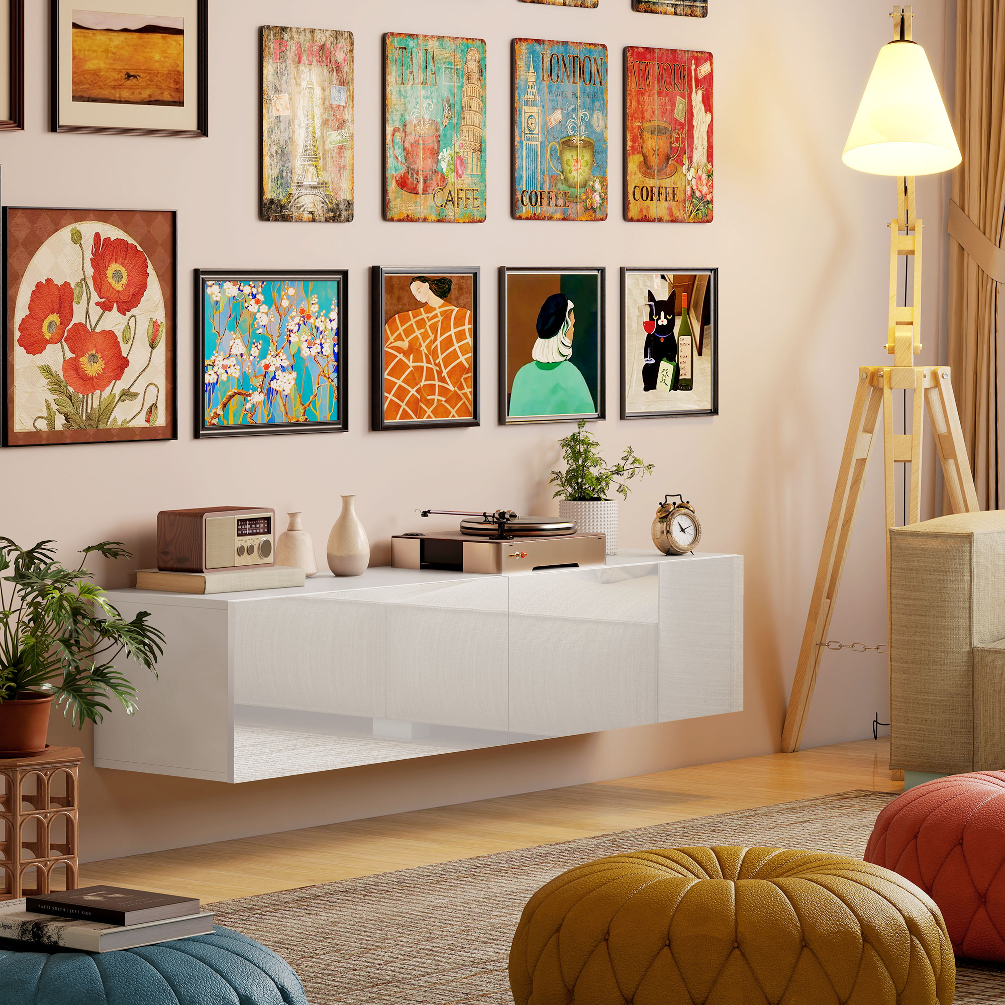 HOMCOM Wandgemonteerde Tv-kast, Zwevende Tv-console met Veel Afzetgebied en Opbergruimte, Spaanplaat, Wit