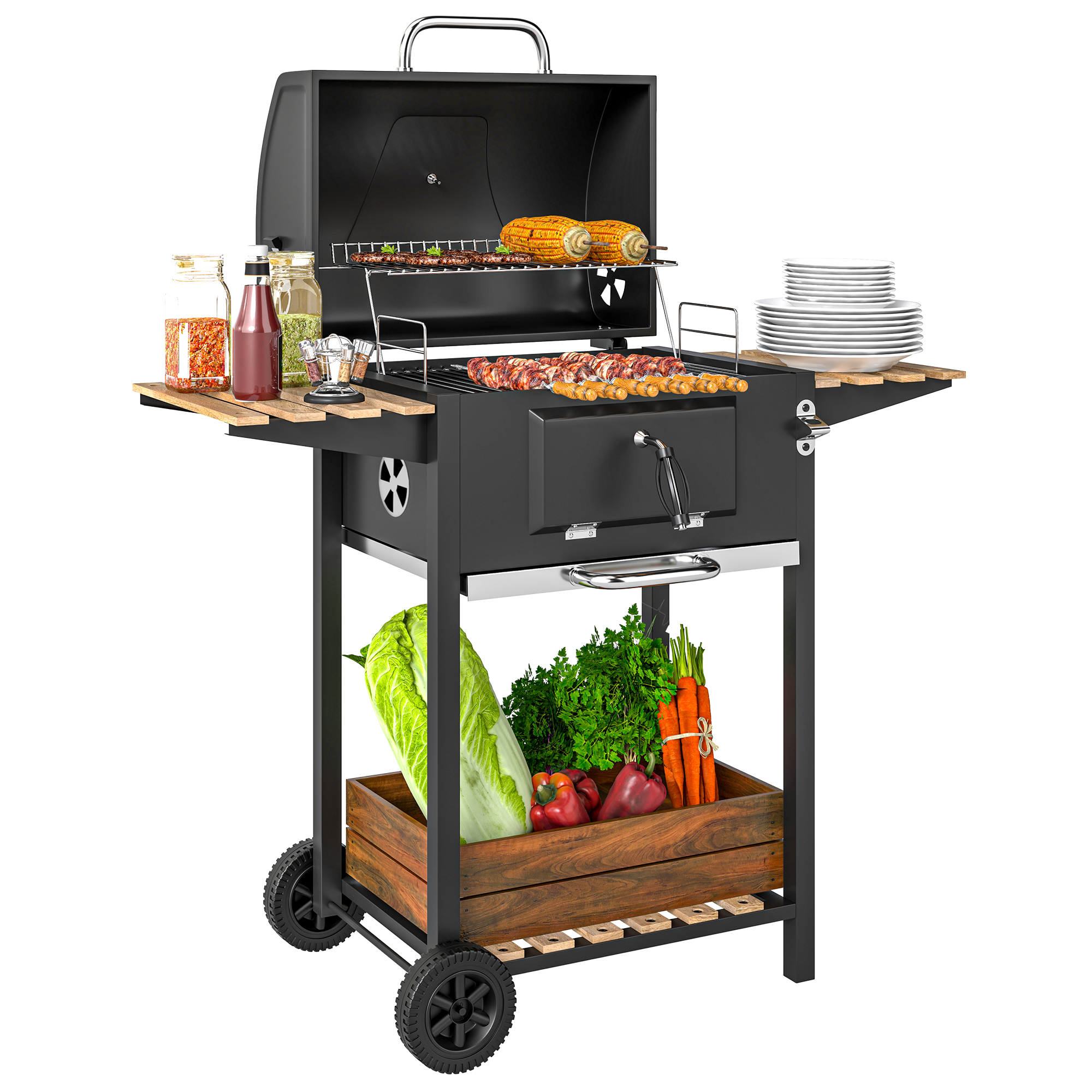Outsunny Houtskoolgrill met verstelbare kolenbak, grillwagen, planken, thermometer, flesopener, staal, hout, zwart