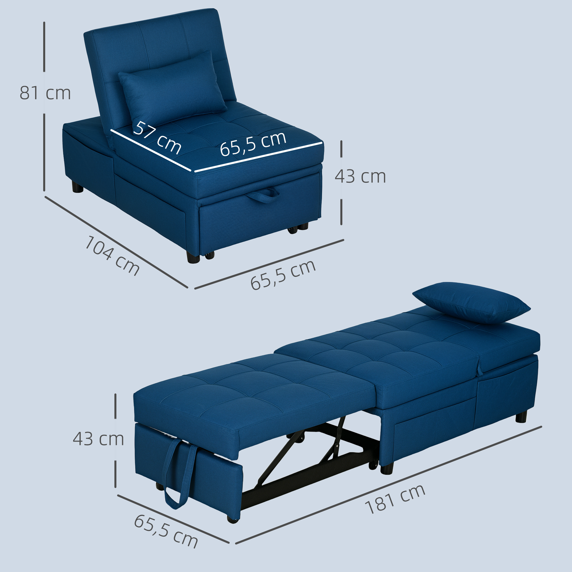 HOMCOM 3-in-1 Opvouwbare Fauteuil met Zijvak, Gastenbed met Kussen, Verstelbare Rugleuning, Stoelbed met Wielen, Blauw