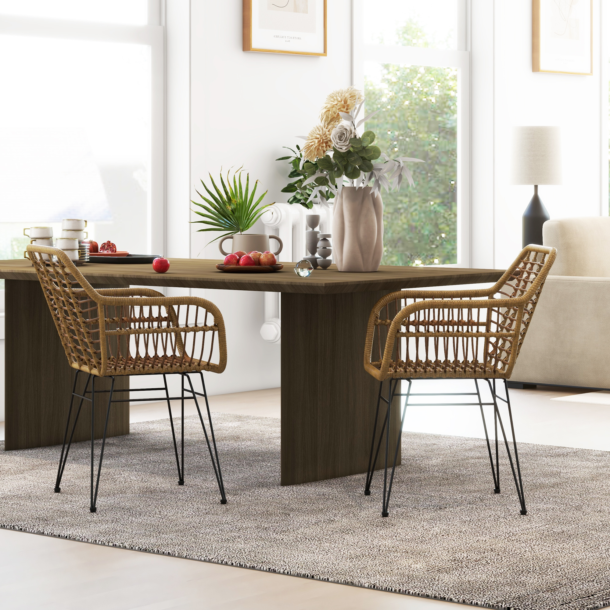 HOMCOM Set van 2 Boho-Stijl Stoelen, Keukenstoelen, PE-Rattan, 56 x 60 x 79 cm, Natuurlijk + Zwart