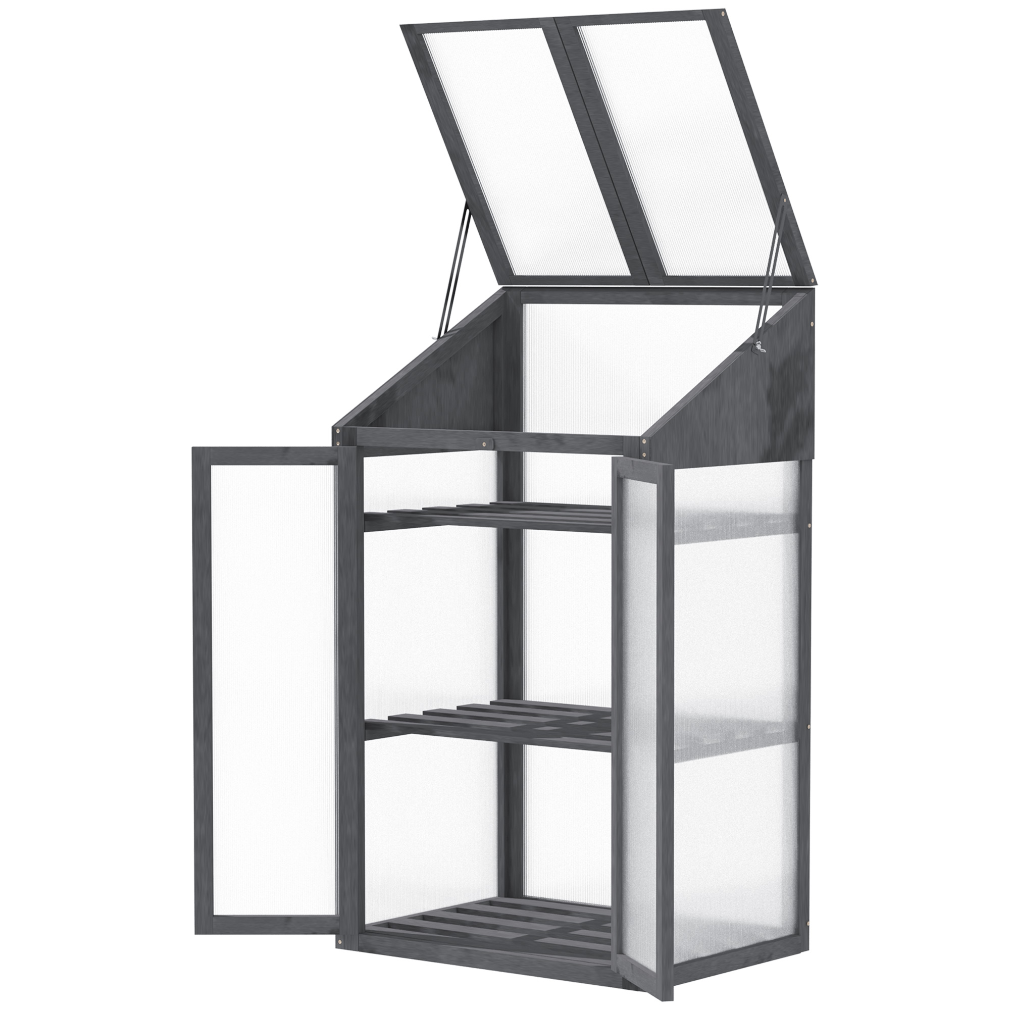 Outsunny Mini-Kas, Kleine Kas met Houten Frame, Ramen en Dubbele Deur, 3 Planken, 70L x 50B x 120H cm, Grijs
