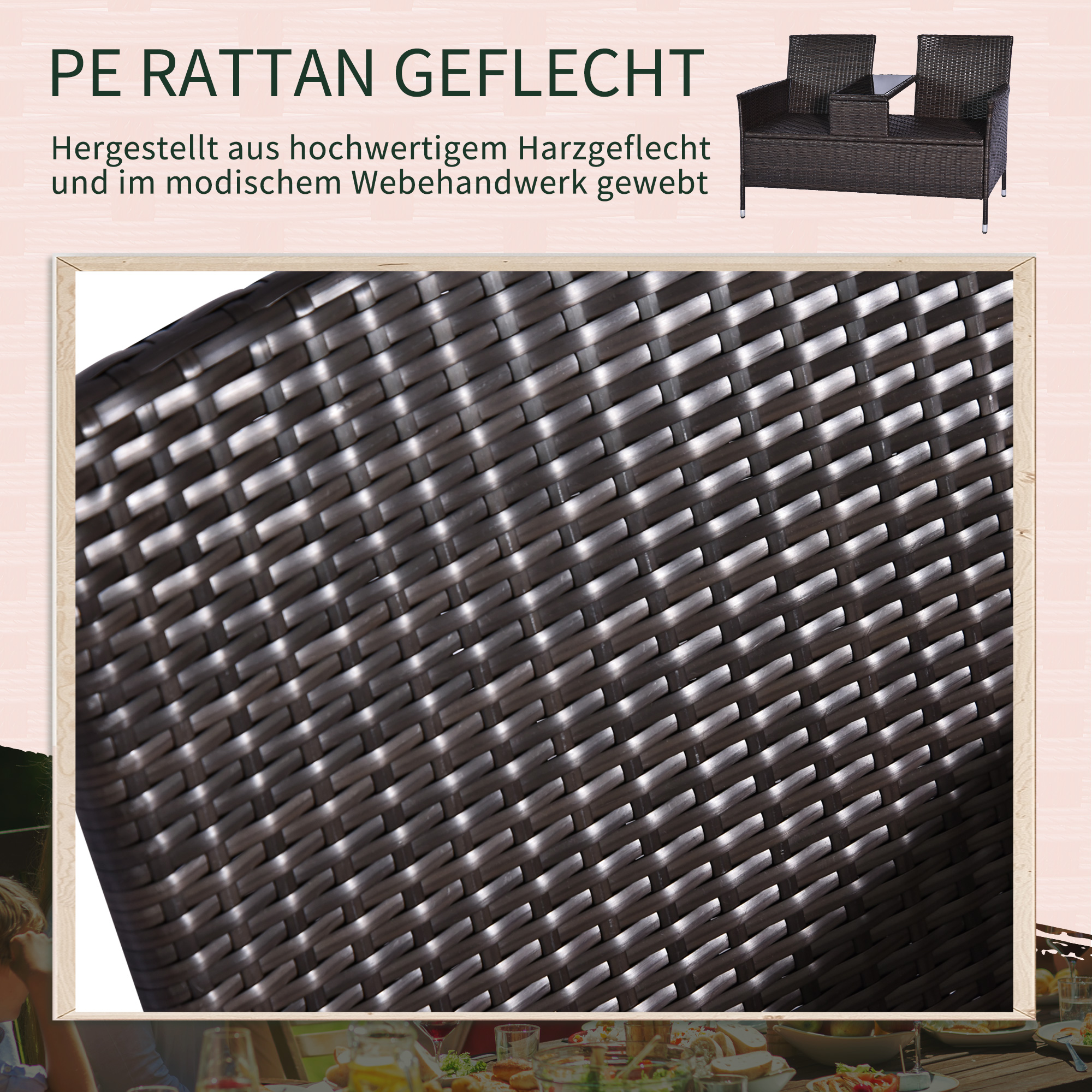 Outsunny Poly-rotan tuinbank met tafel tuinbank bank 2-zits staal bruin
