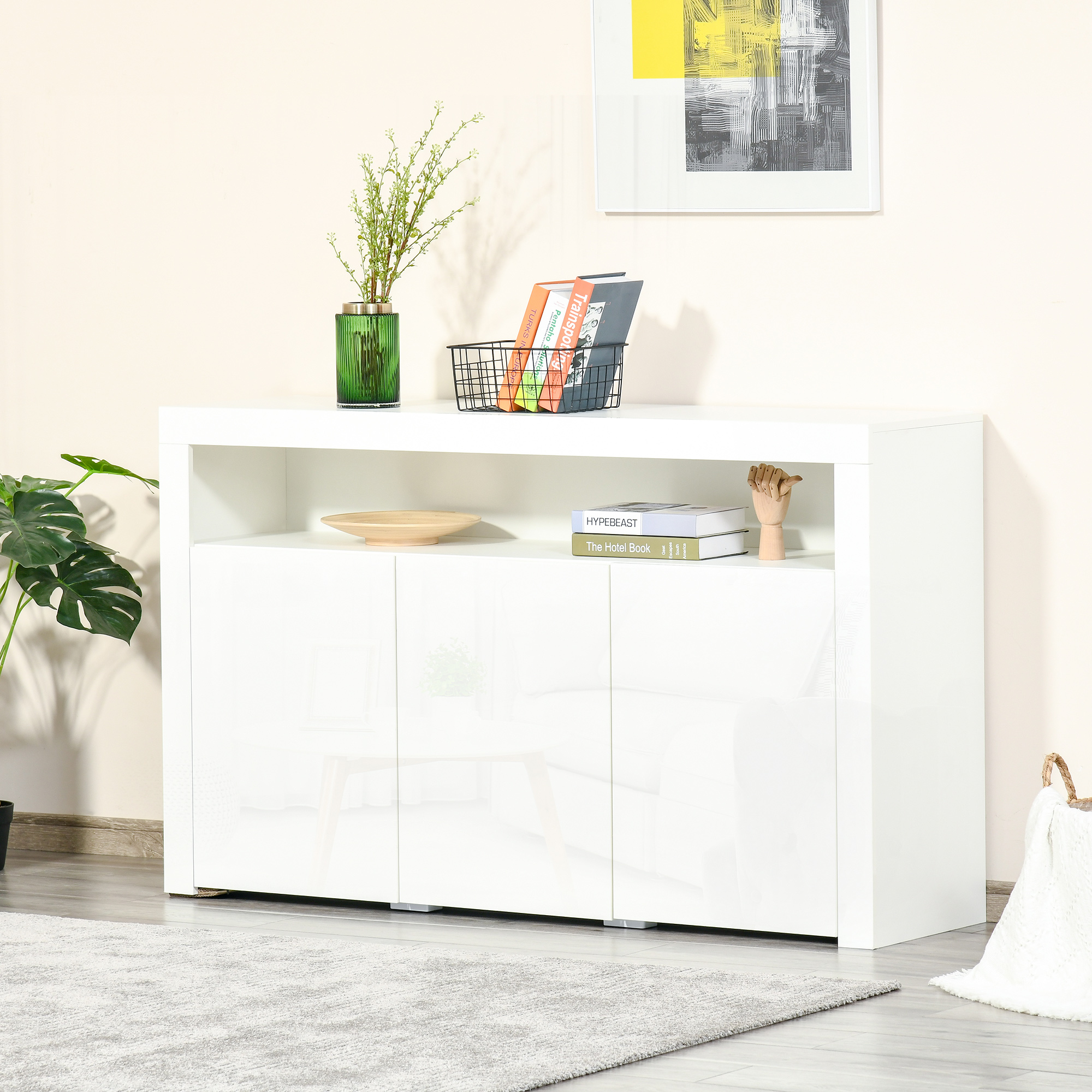 HOMCOM dressoir hoogglans voorraadkast keukenkast met led-verlichting en glazen plank voor entree eetkamer woonkamer Materiaal MDF en spaanplaat wit 97 x 35 x 83 cm