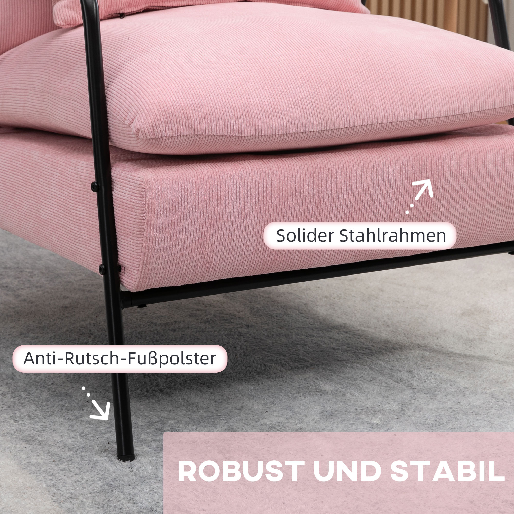 HOMCOM oorfauteuil met kruk, fauteuil met verstelbare rugleuning, roze