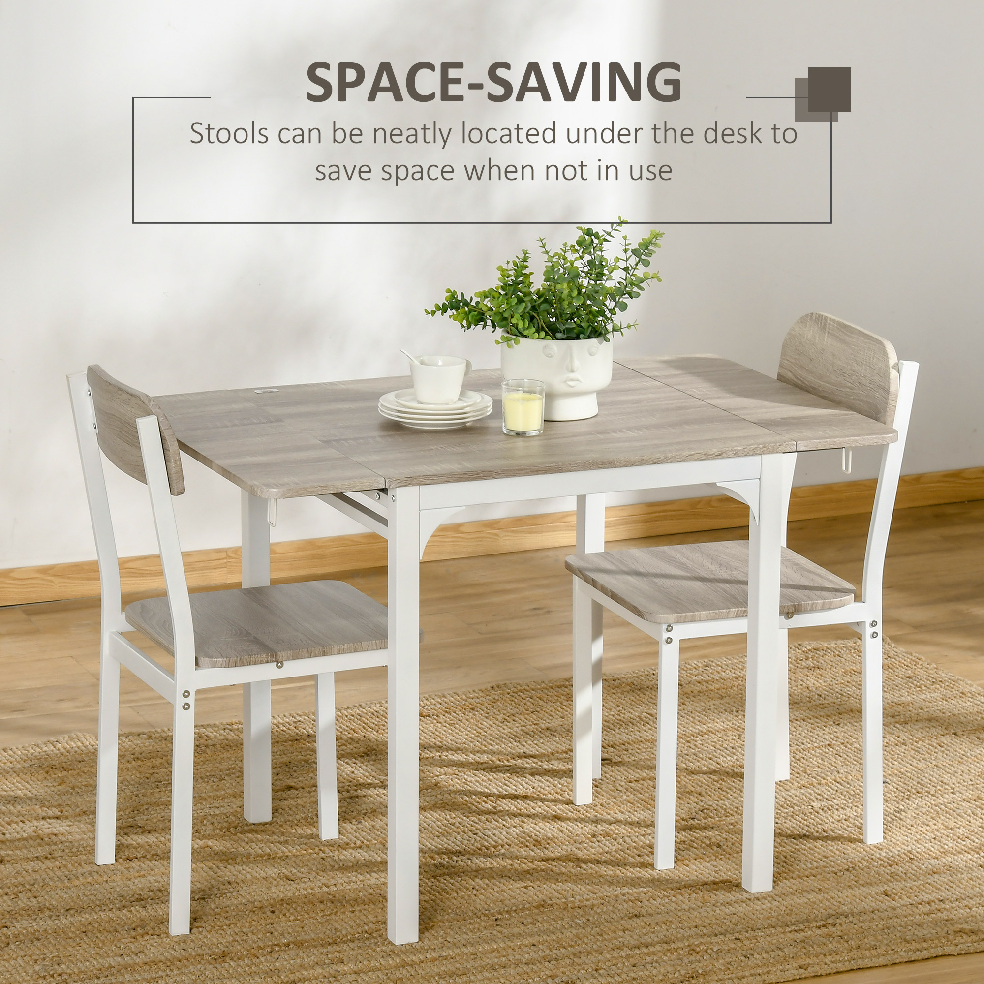 HOMCOM 3-delige Eetkamerset, Klaptafel met 2 Stoelen, 110 cm x 70 cm x 75 cm, Wit + Natuur