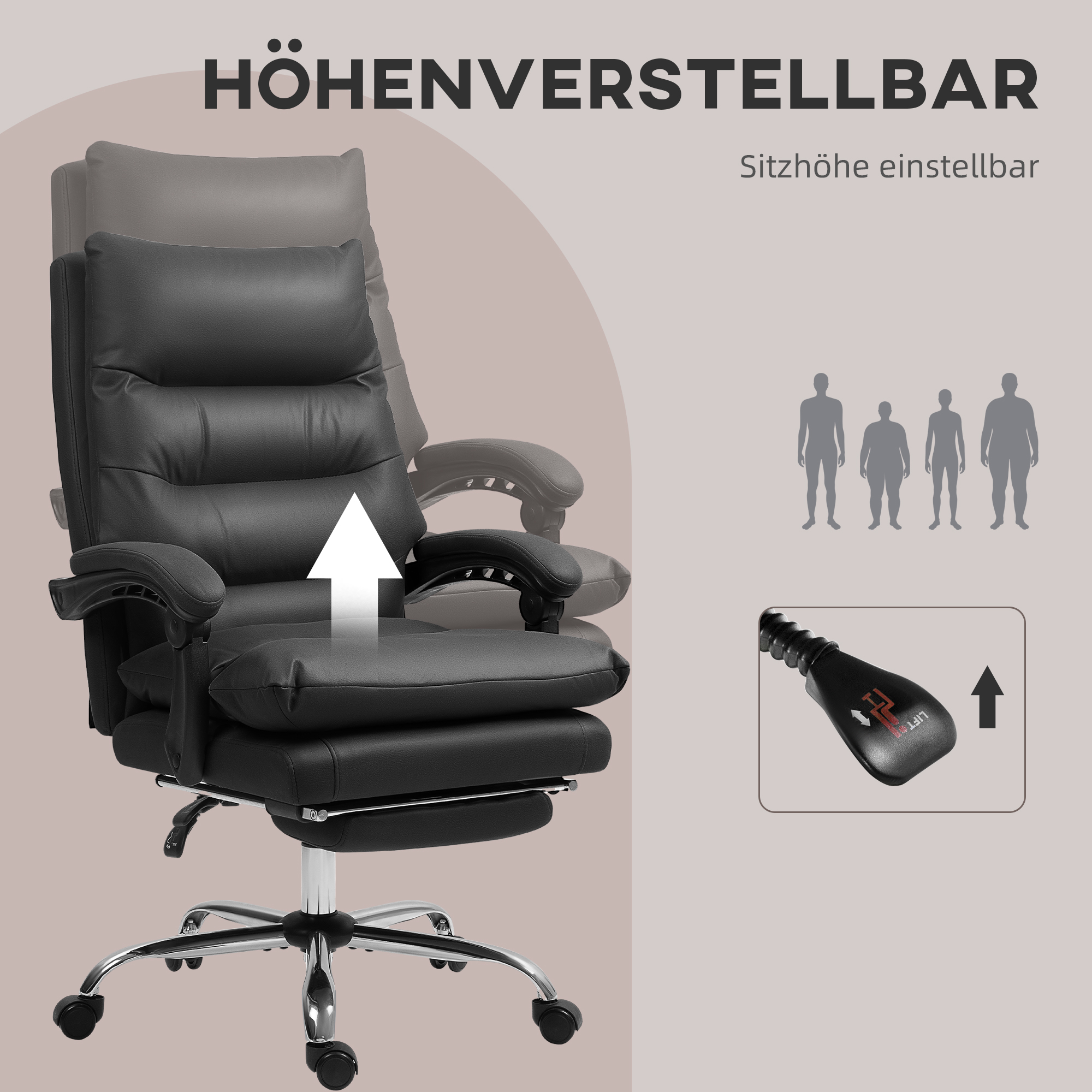 Vinsetto Massage Bureaustoel met Verwarming, Verstelbaar en Kantelbaar, Kunstleer, 65x72x109-117cm, Zwart