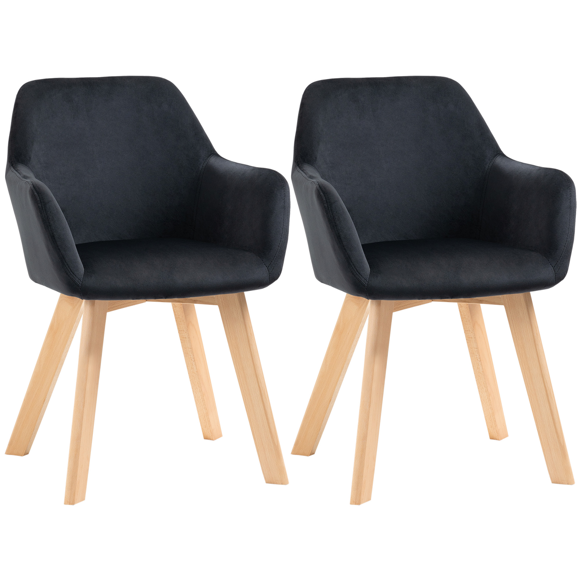 HOMCOM Eetkamerstoelen, 2-delig, modern ontwerp, velourslook, rubberhout, 54x57x80 cm, Zwart