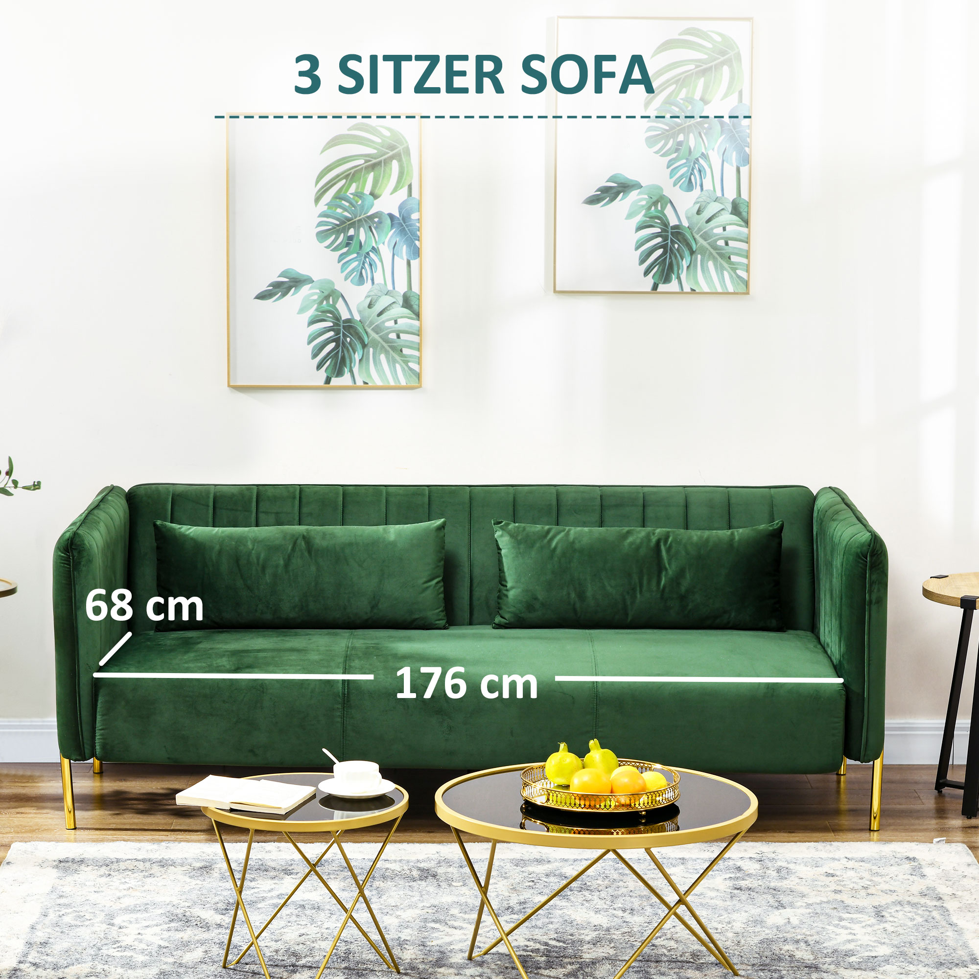 HOMCOM 3-zitsbank, inclusief 2 kussens, fluwelen look, retro design, afneembare hoes, 195 cm x 88 cm x 76 cm groen