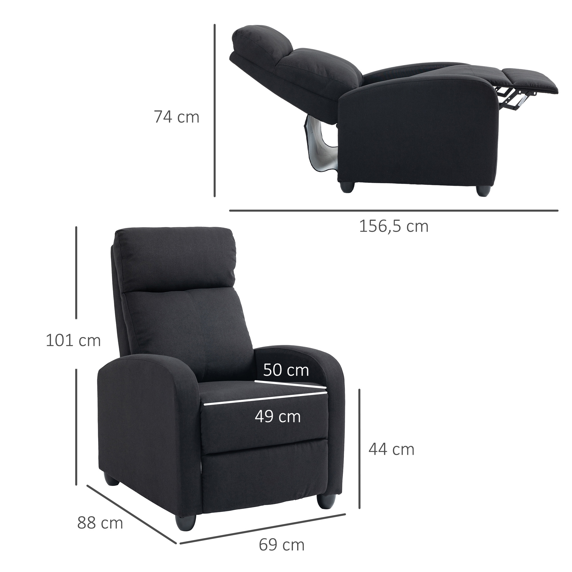 HOMCOM Relaxfauteuil, verstelbaar tot 135°, uitschuifbare voetsteun, gestoffeerde leuningen, Linnen-Polyester, Zwart