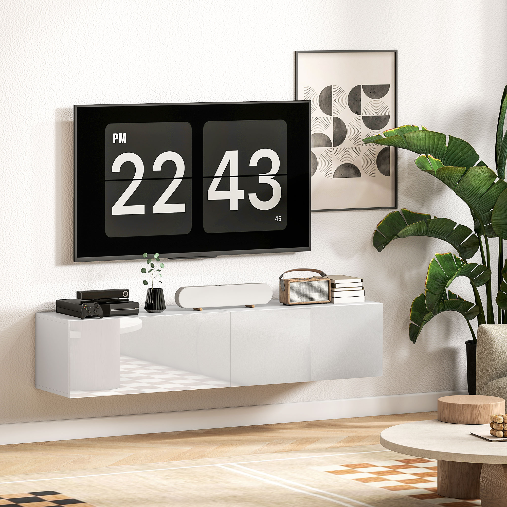 HOMCOM Wandgemonteerde Tv-kast, Zwevende Tv-console met Veel Afzetgebied en Opbergruimte, Spaanplaat, Wit