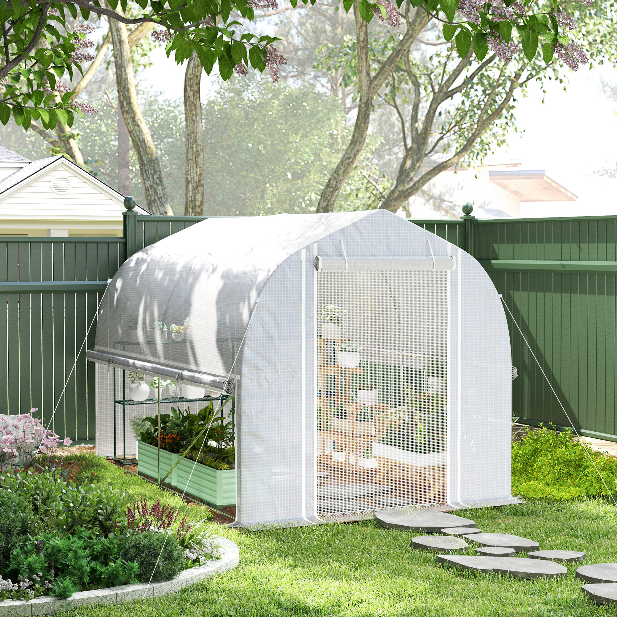 Outsunny 3 x 2 x 2 m Polytunnel-Kas met Oprolbare Zijwanden, UV-resistente Kunststoffolie en Stalen Frame, Wit