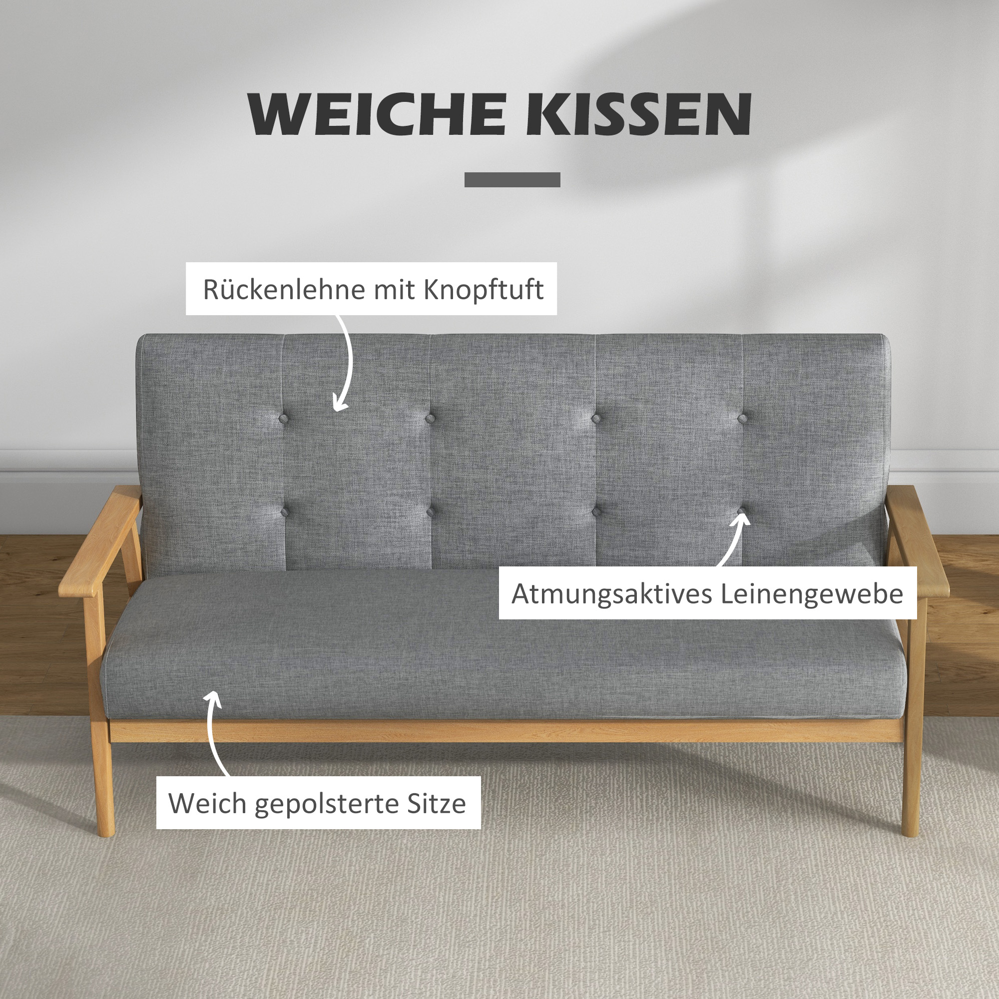 HOMCOM Driezitsbank van Kautschukhout, 154,5 x 69,5 x 73 cm, Grijs