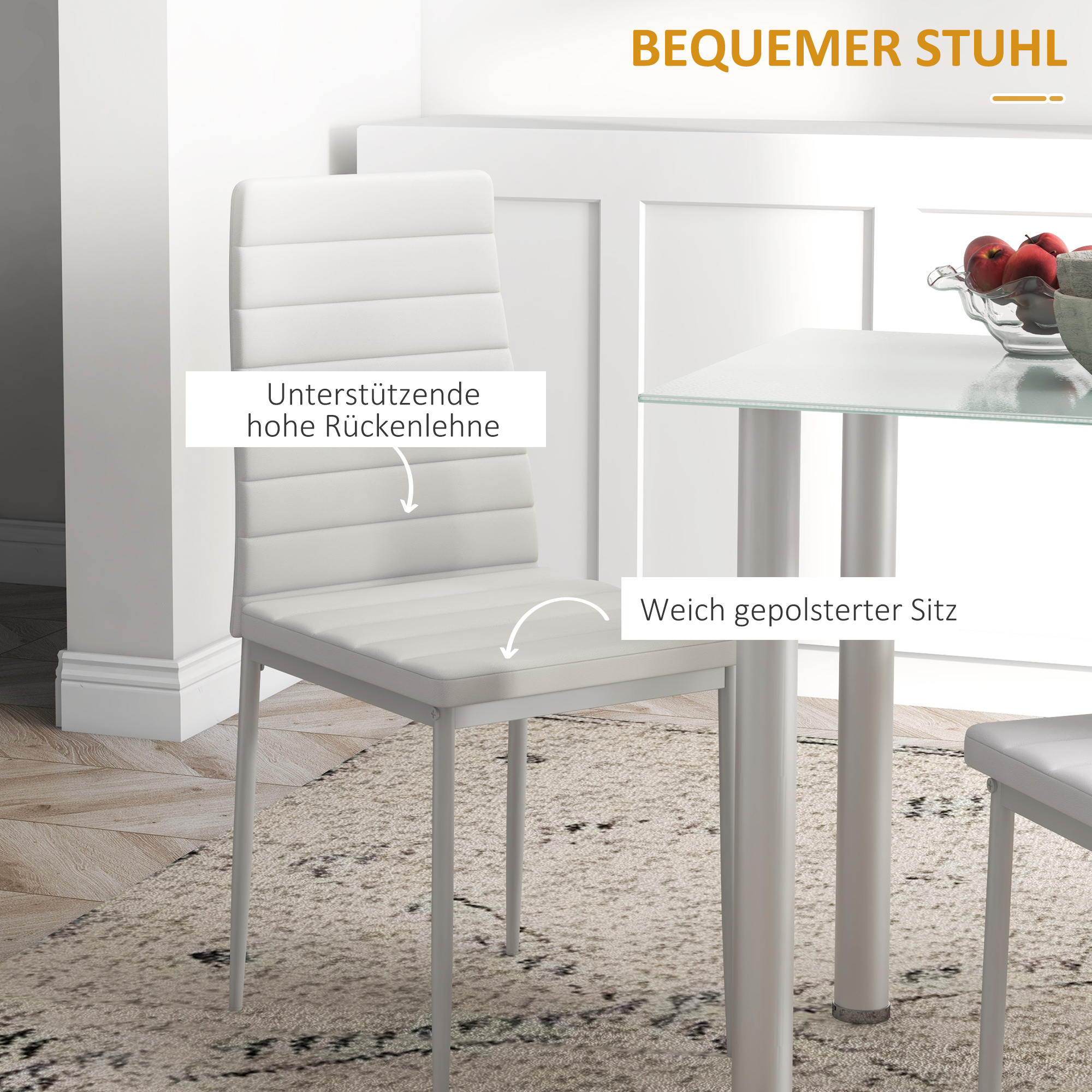 HOMCOM 5-delige Eetkamerset met Eettafel en 4 Stoelen, Modern Design, Glazen Tafel, Wit