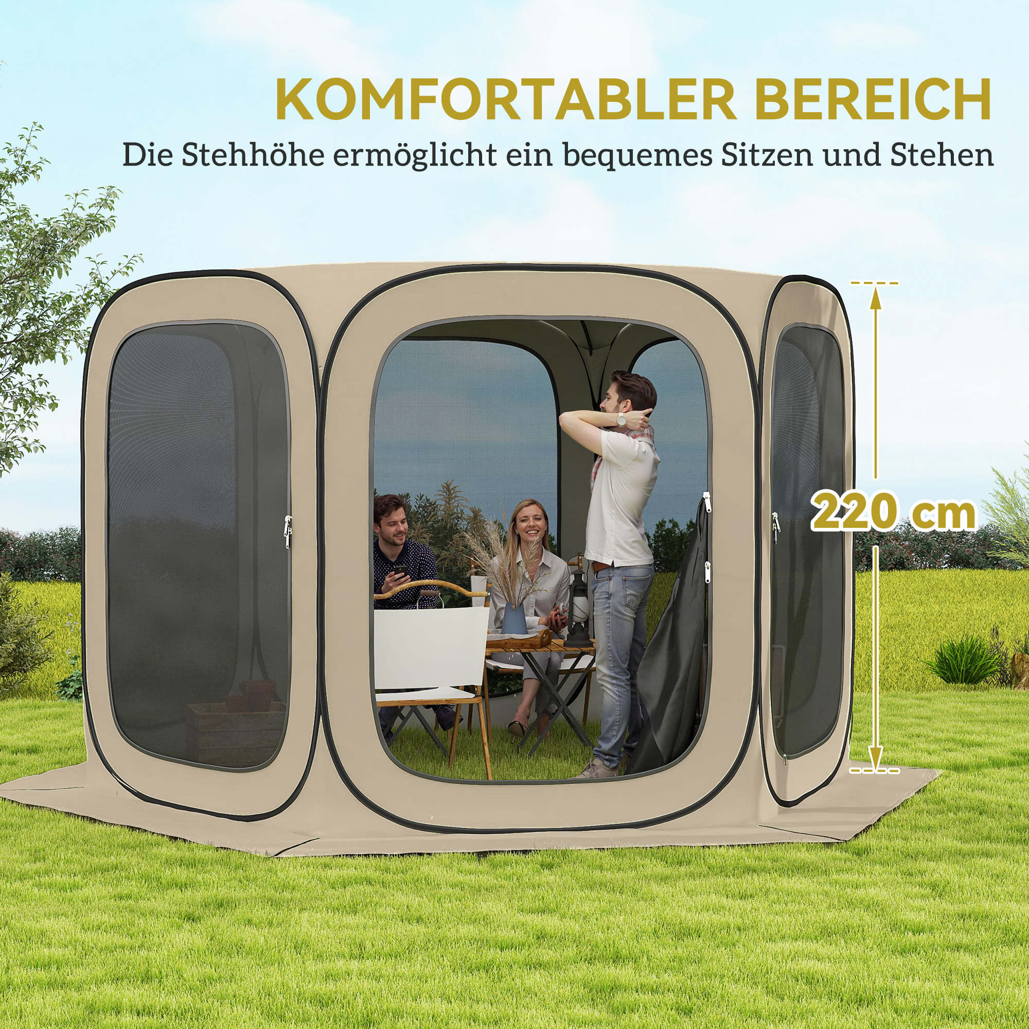 Outsunny Pop-up Campingtent, Draagbaar, UPF50+ Bescherming, Mesh-Zijden, Staaldraad, Khaki